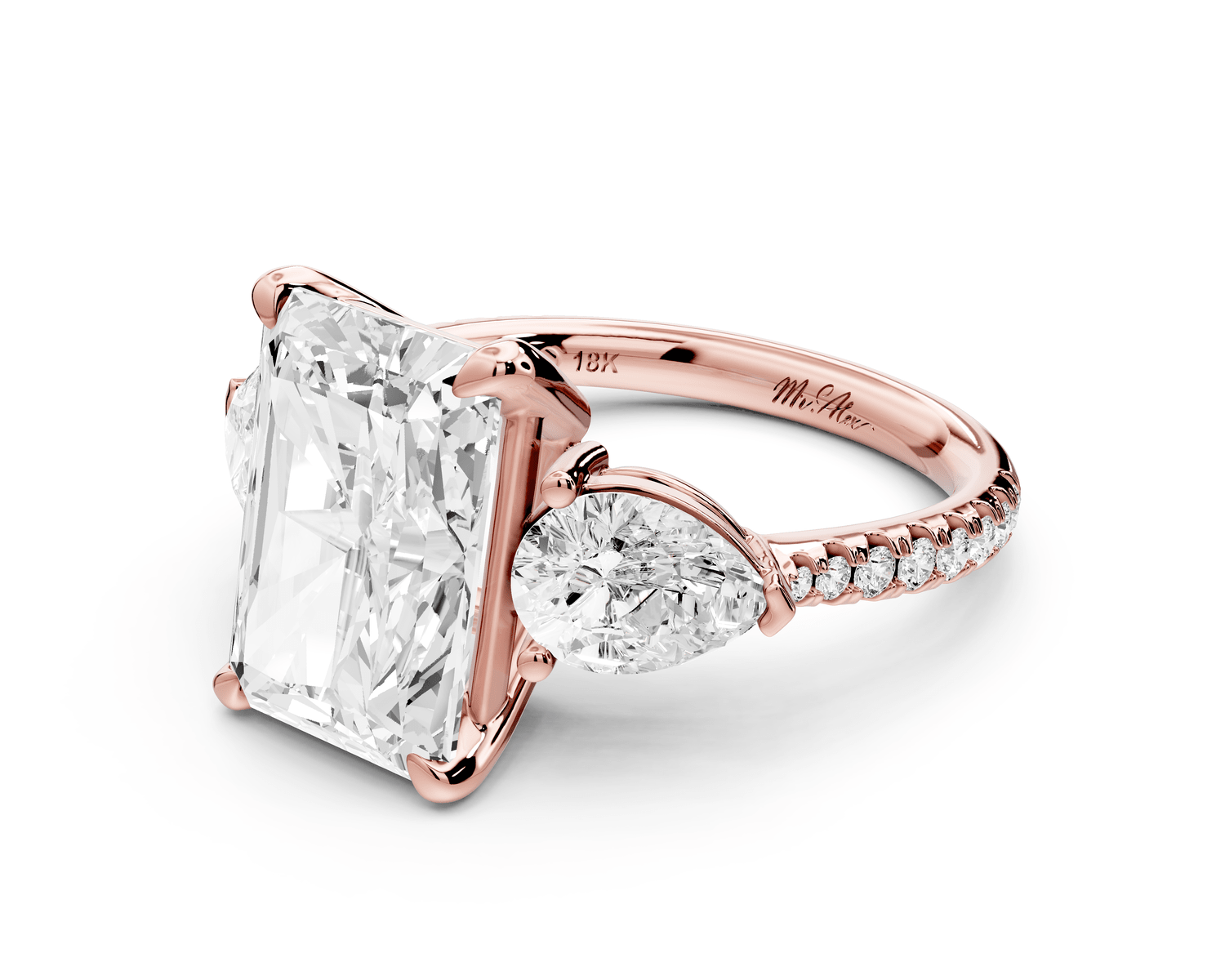 Alma - 4ct 18k rose gold radiant center stone with two pear shaped diamonds and pavé. Three stone oval and pear engagement ring with Pavé - Mr. Alex Jewelry