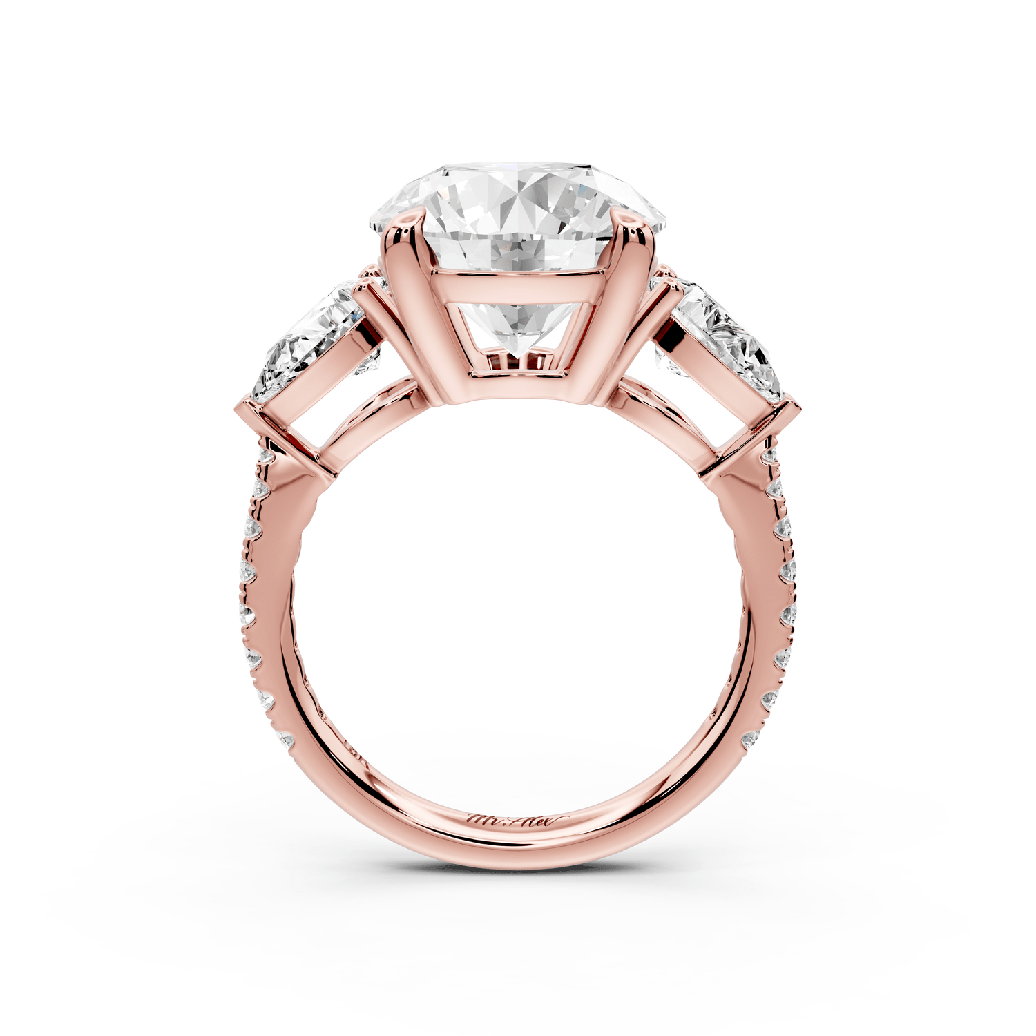 Alma - 4ct 18k rose gold round center stone with two pear shaped diamonds and pavé. Three stone oval and pear engagment ring with Pavé - Mr. Alex Jewelry