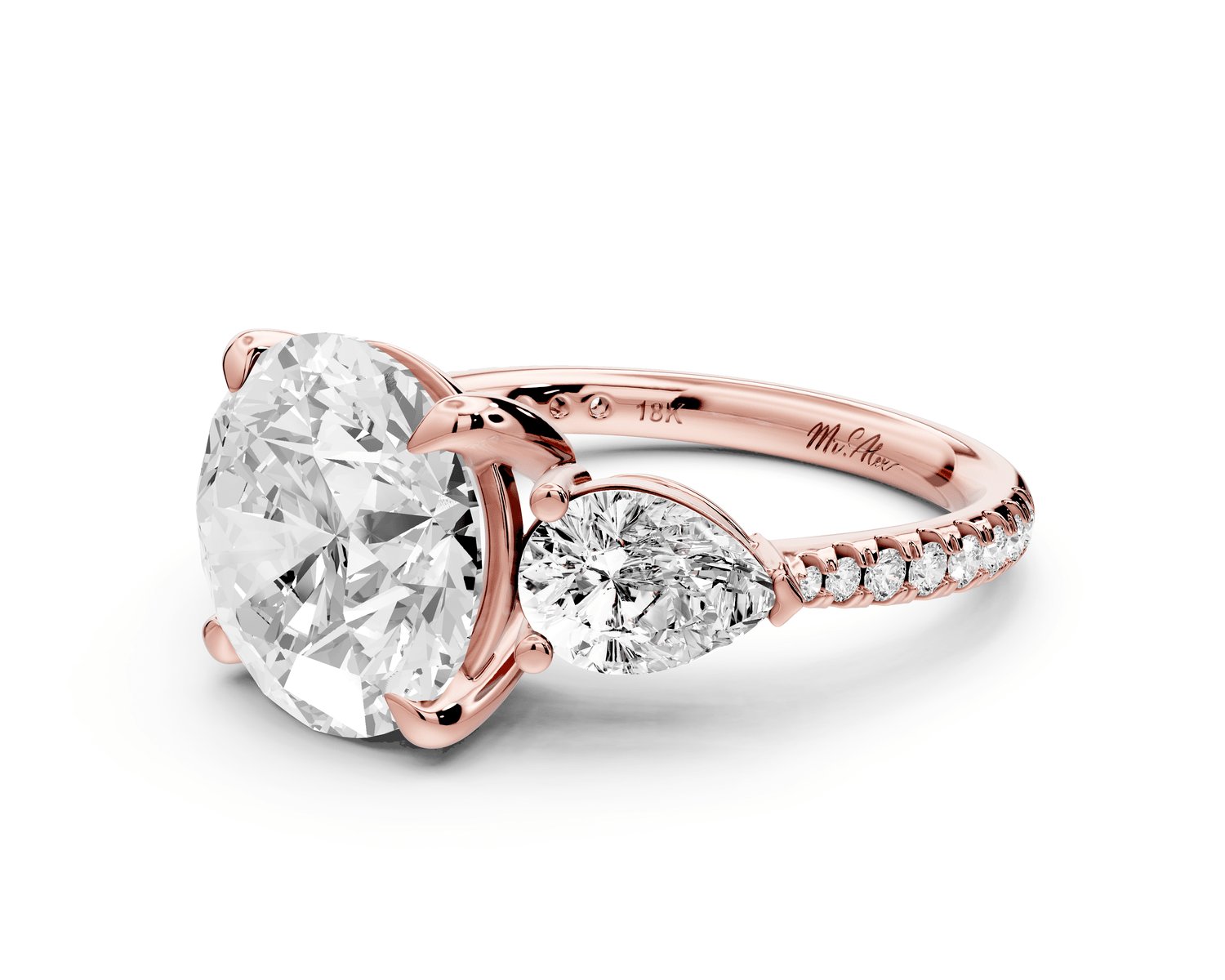 Alma - 4ct 18k rose gold round center stone with two pear shaped diamonds and pavé. Three stone oval and pear engagment ring with Pavé - Mr. Alex Jewelry