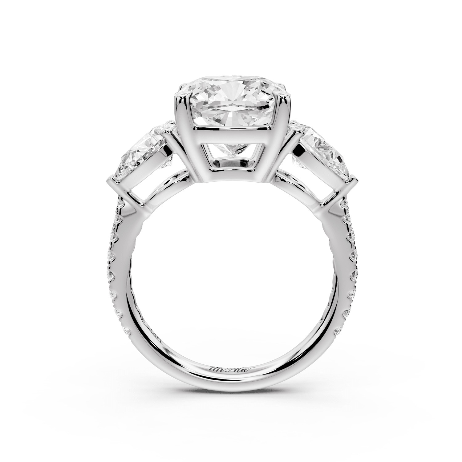 Alma - 4ct 18k white gold cushion center stone with two pear shaped diamonds and pavé. Three stone oval and pear engagement ring with Pavé - Mr. Alex Jewelry