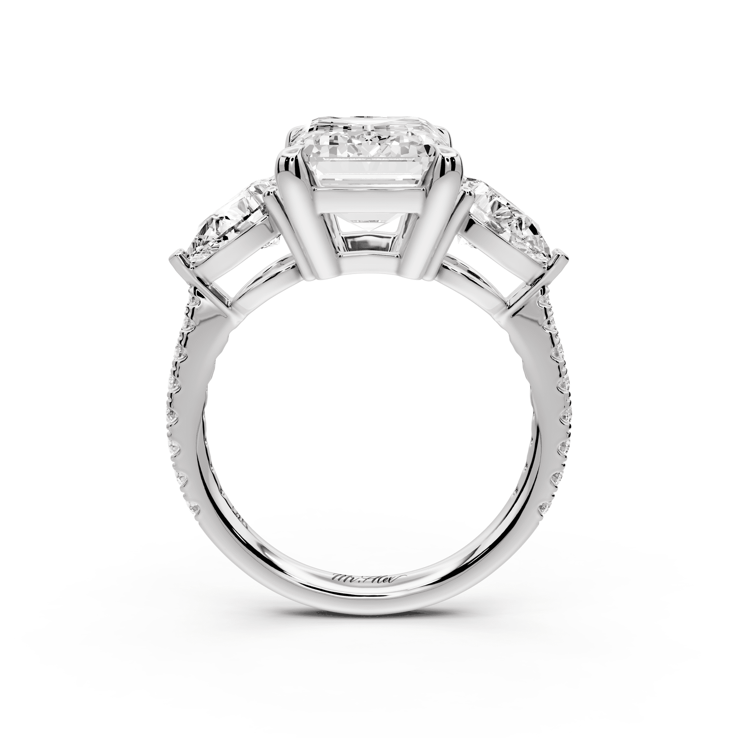 Alma - 4ct 18k white gold emerald center stone with two pear shaped diamonds and pavé. Three stone oval and pear Engagement ring with Pavé - Mr. Alex Jewelry