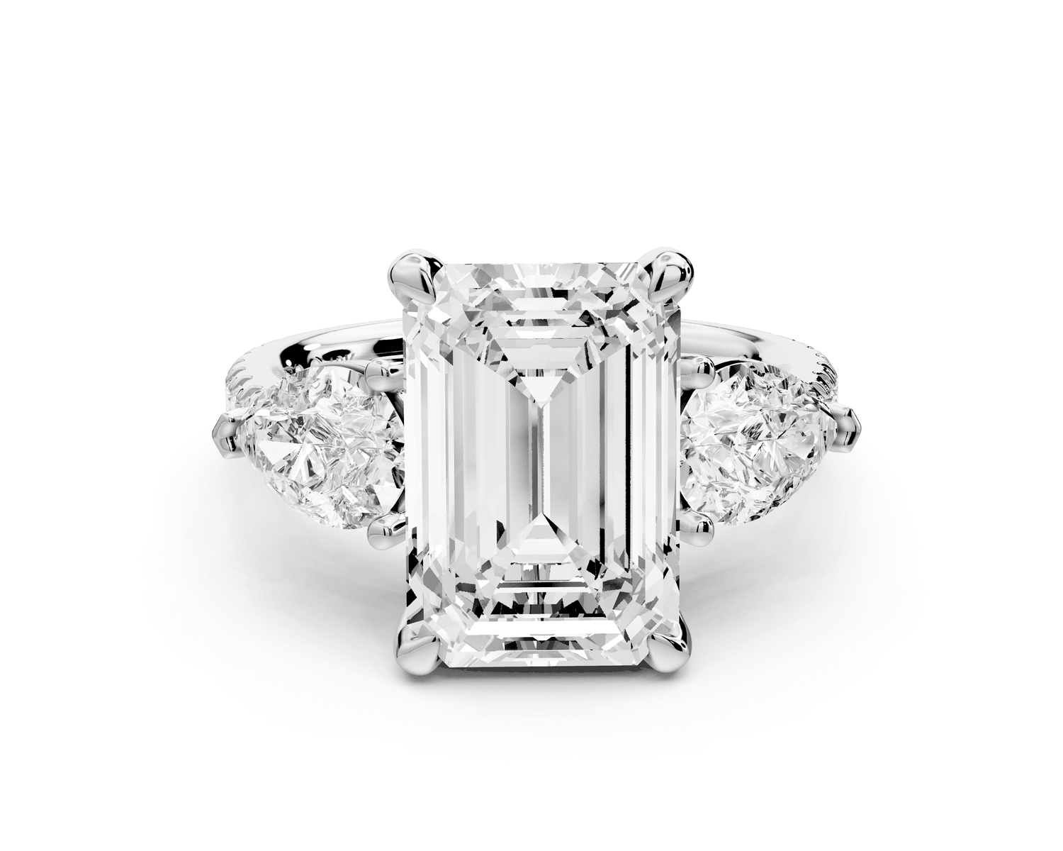 Alma - 4ct 18k white gold emerald center stone with two pear shaped diamonds and pavé. Three stone oval and pear Engagement ring with Pavé - Mr. Alex Jewelry