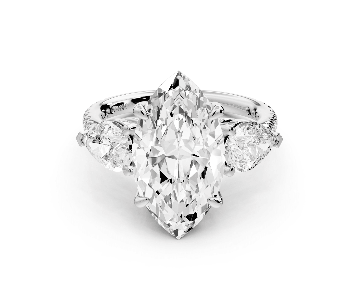 Alma - 4ct 18k white gold marquise center stone with two pear shaped diamonds and pavé. Three stone oval and pear engagement ring with Pavé - Mr. Alex Jewelry