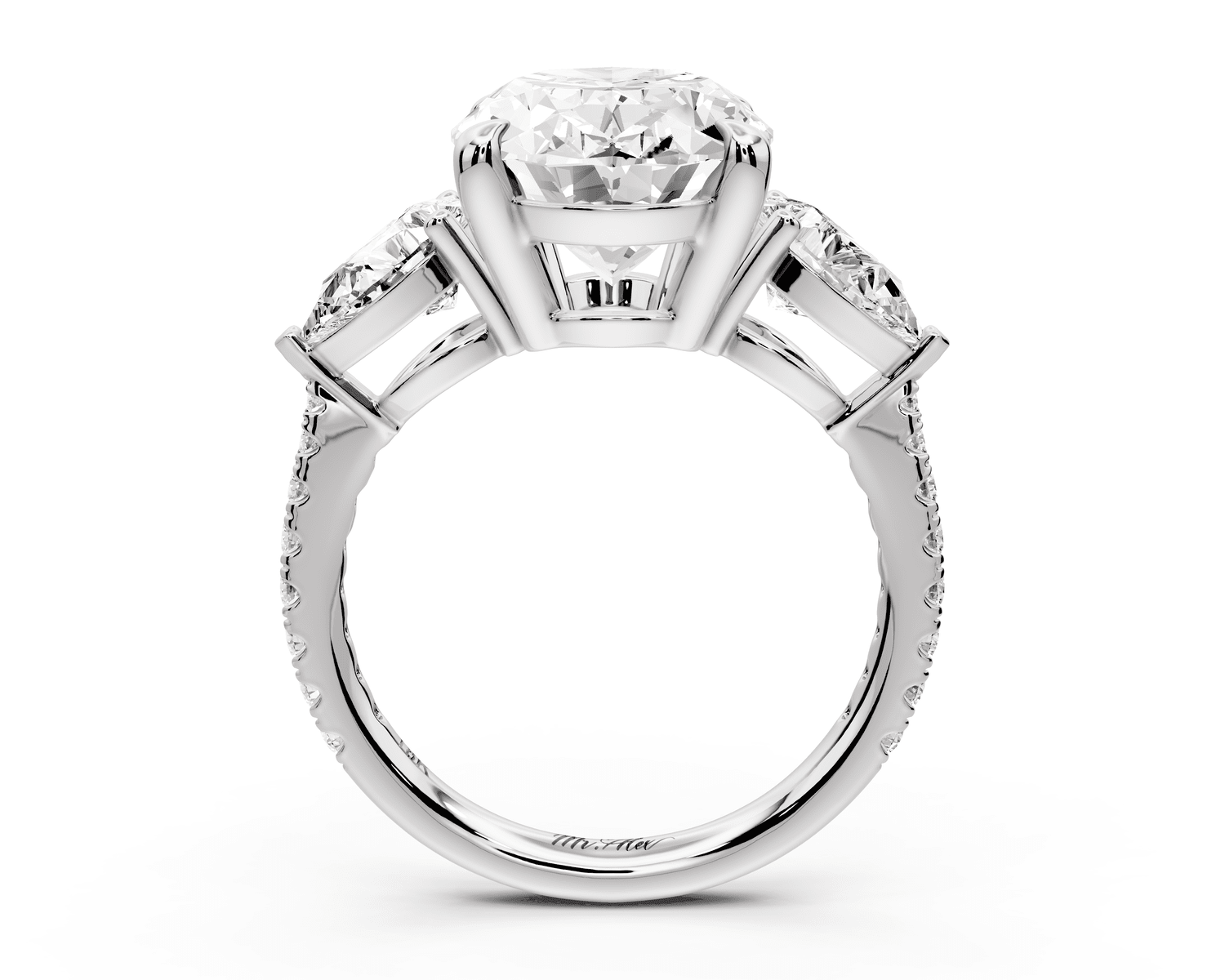 Alma - 4ct 18k white gold oval center stone with two pear shaped diamonds and pavé. Three stone oval and pear Engagement ring with Pavé - Mr. Alex Jewelry