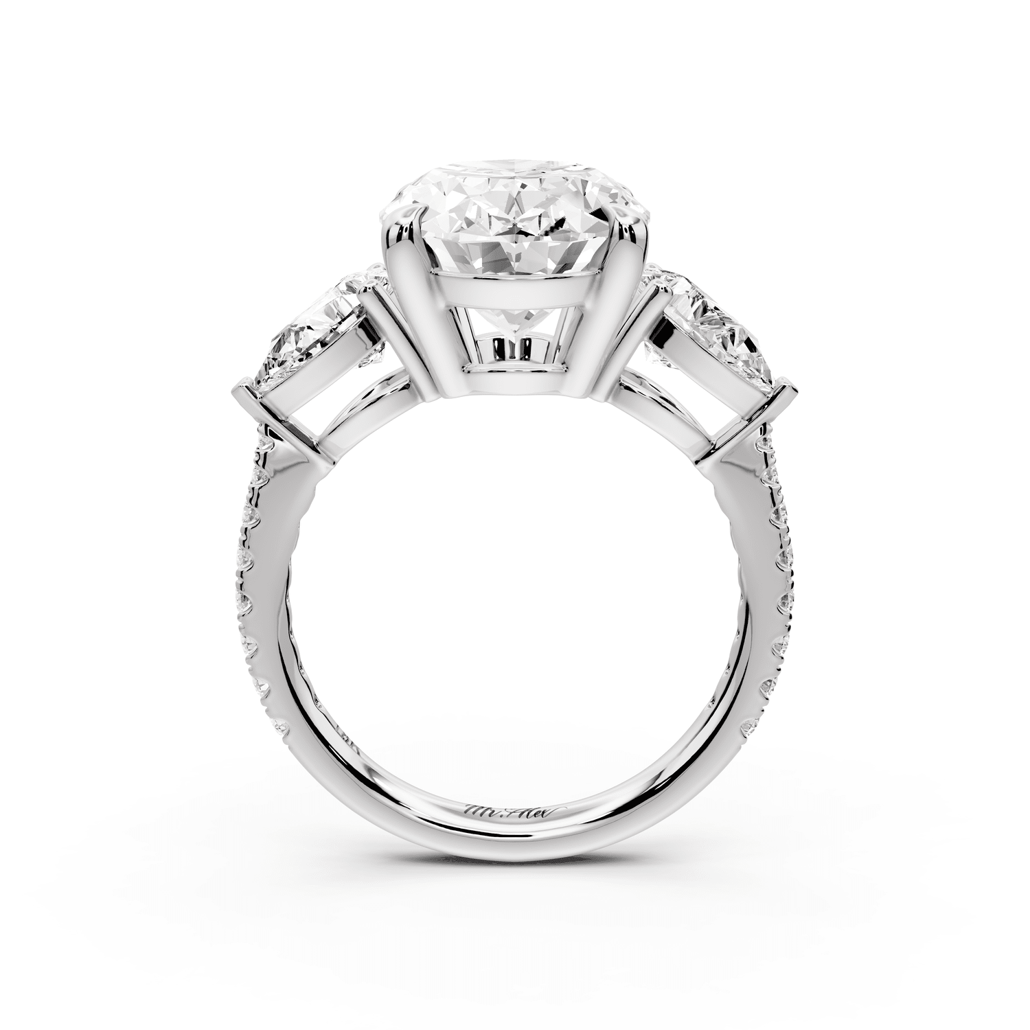 Alma - 4ct 18k white gold oval center stone with two pear shaped diamonds and pavé. Three stone oval and pear Engagement ring with Pavé - Mr. Alex Jewelry
