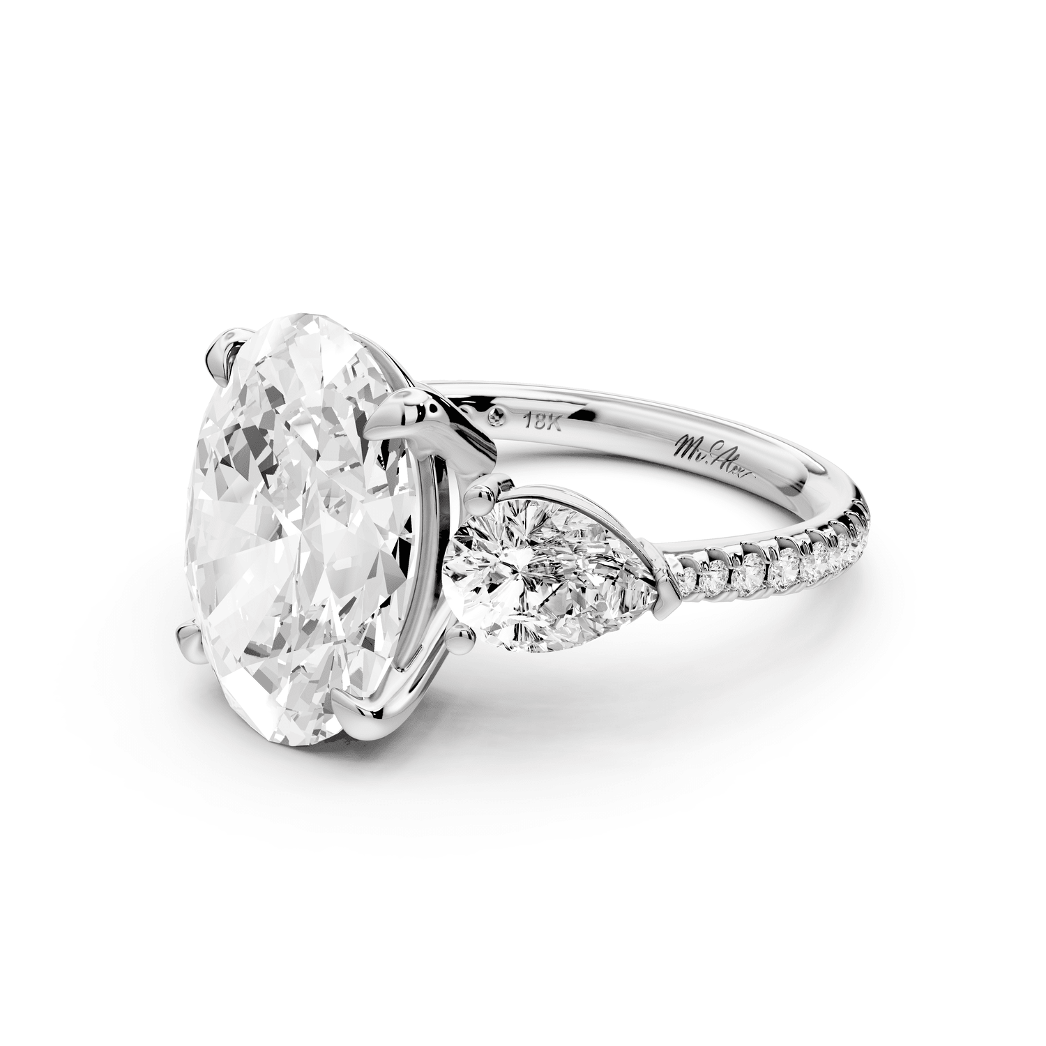 Alma - 4ct 18k white gold oval center stone with two pear shaped diamonds and pavé. Three stone oval and pear Engagement ring with Pavé - Mr. Alex Jewelry