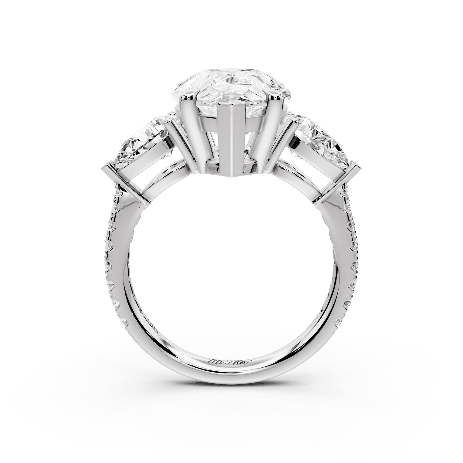 Alma - 4ct 18k white gold pear center stone with two pear shaped diamonds and pavé. Three stone oval and pear Engagement ring with Pavé - Mr. Alex Jewelry