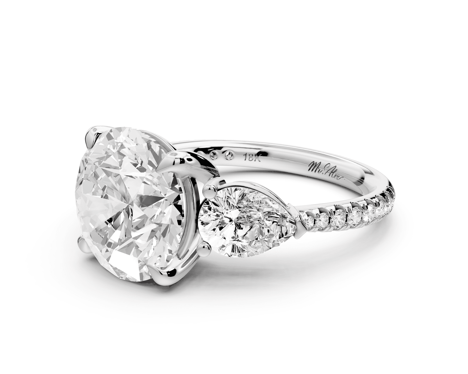 Alma - 4ct 18k white gold round center stone with two pear shaped diamonds and pavé. Three stone oval and pear engagment ring with Pavé - Mr. Alex Jewelry