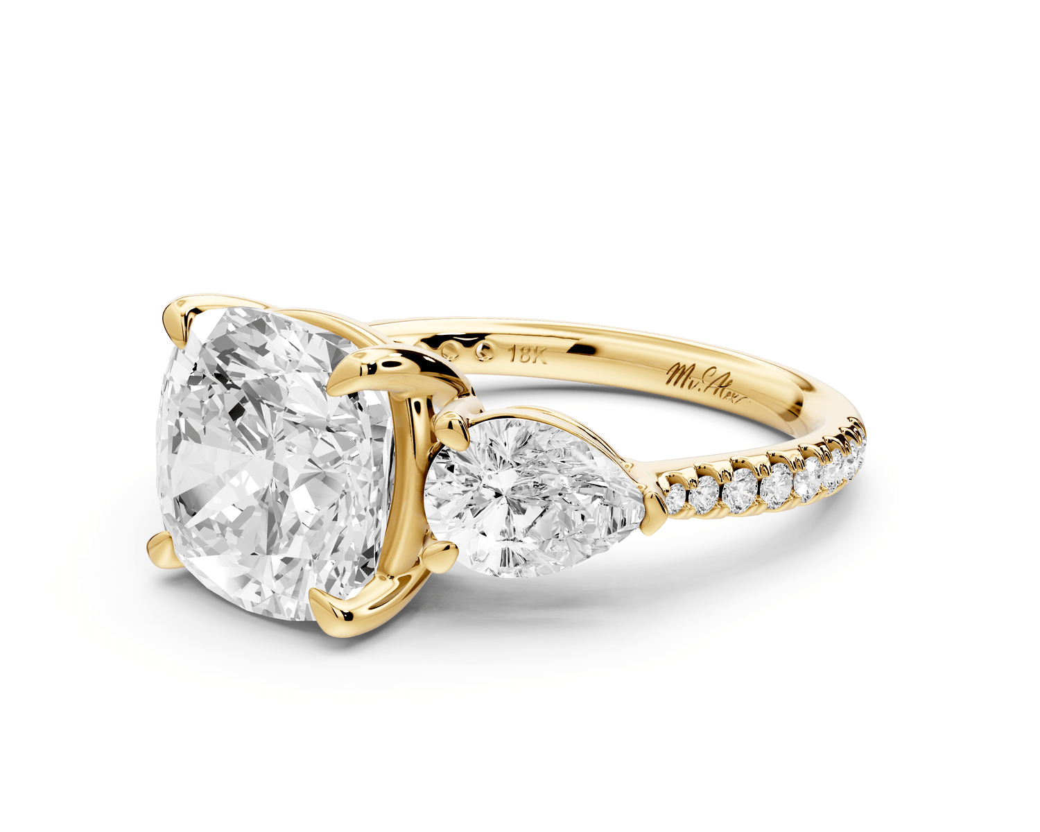 Alma - 4ct 18k yellow gold cushion center stone with two pear shaped diamonds and pavé. Three stone oval and pear engagement ring with Pavé - Mr. Alex Jewelry