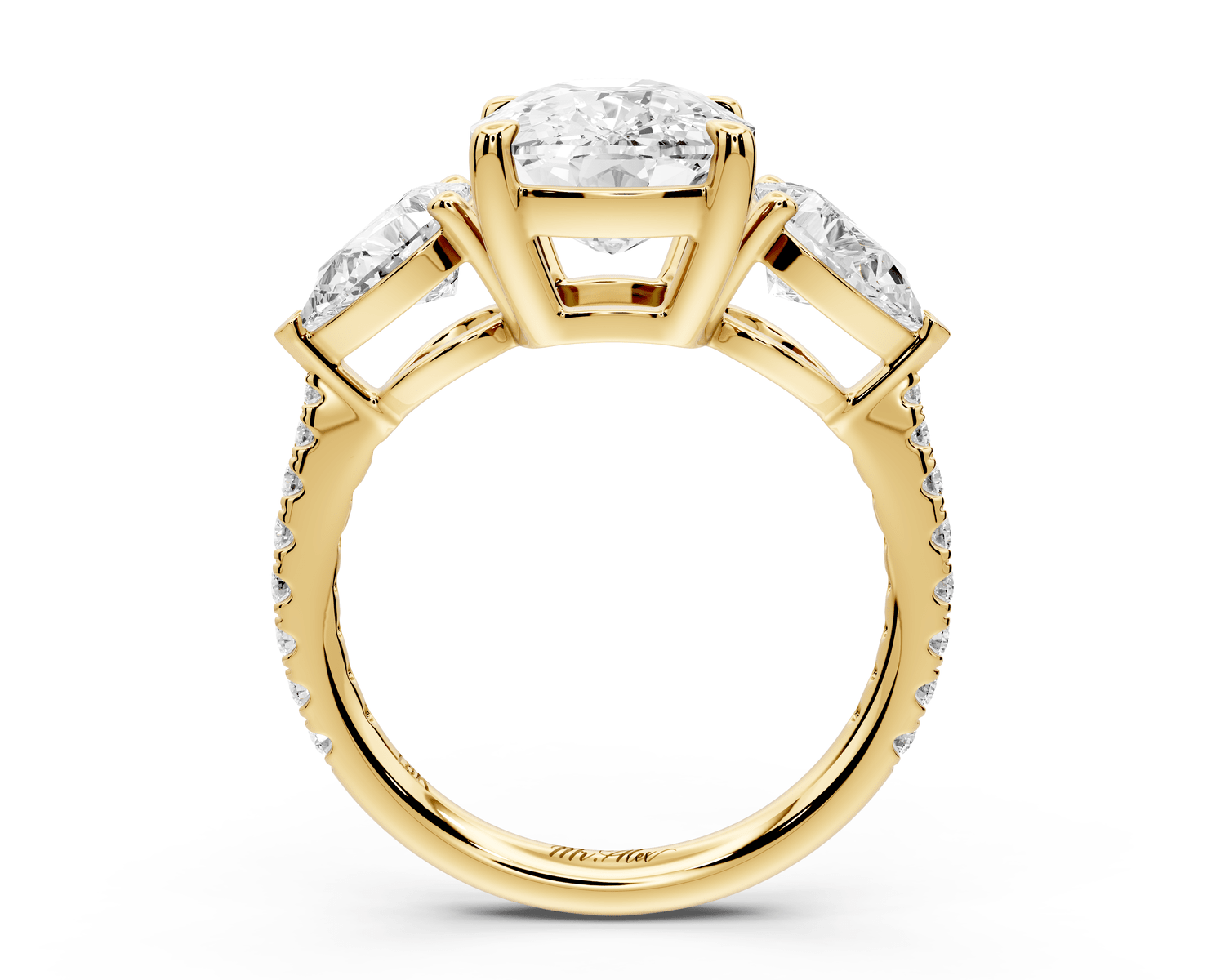 Alma - 4ct 18k yellow gold ecushion center stone with two pear shaped diamonds and pavé. Three stone oval and pear engagement ring with Pavé - Mr. Alex Jewelry