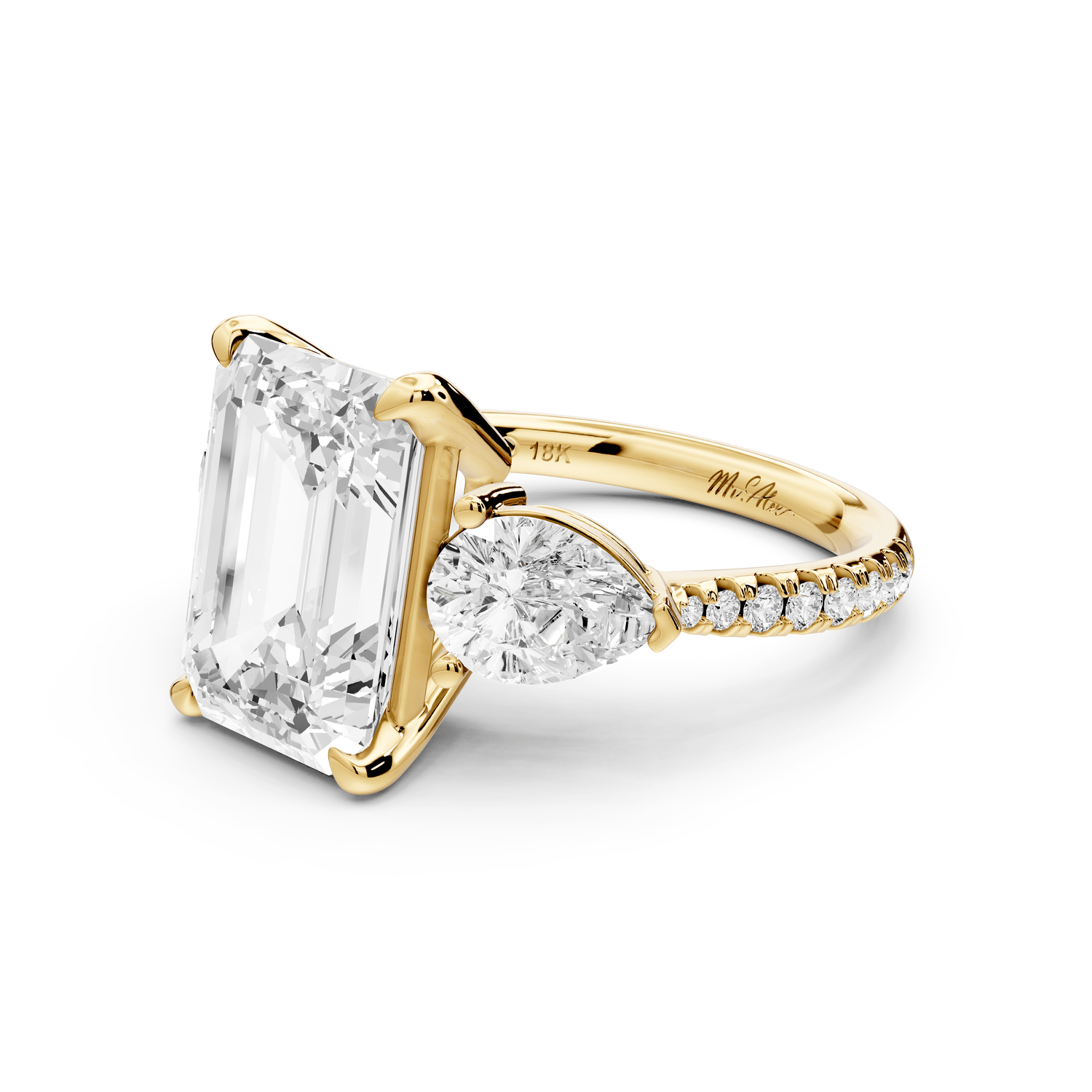 Alma - 4ct 18k yellow gold emerald center stone with two pear shaped diamonds and pavé. Three stone oval and pear Engagement ring with Pavé - Mr. Alex Jewelry