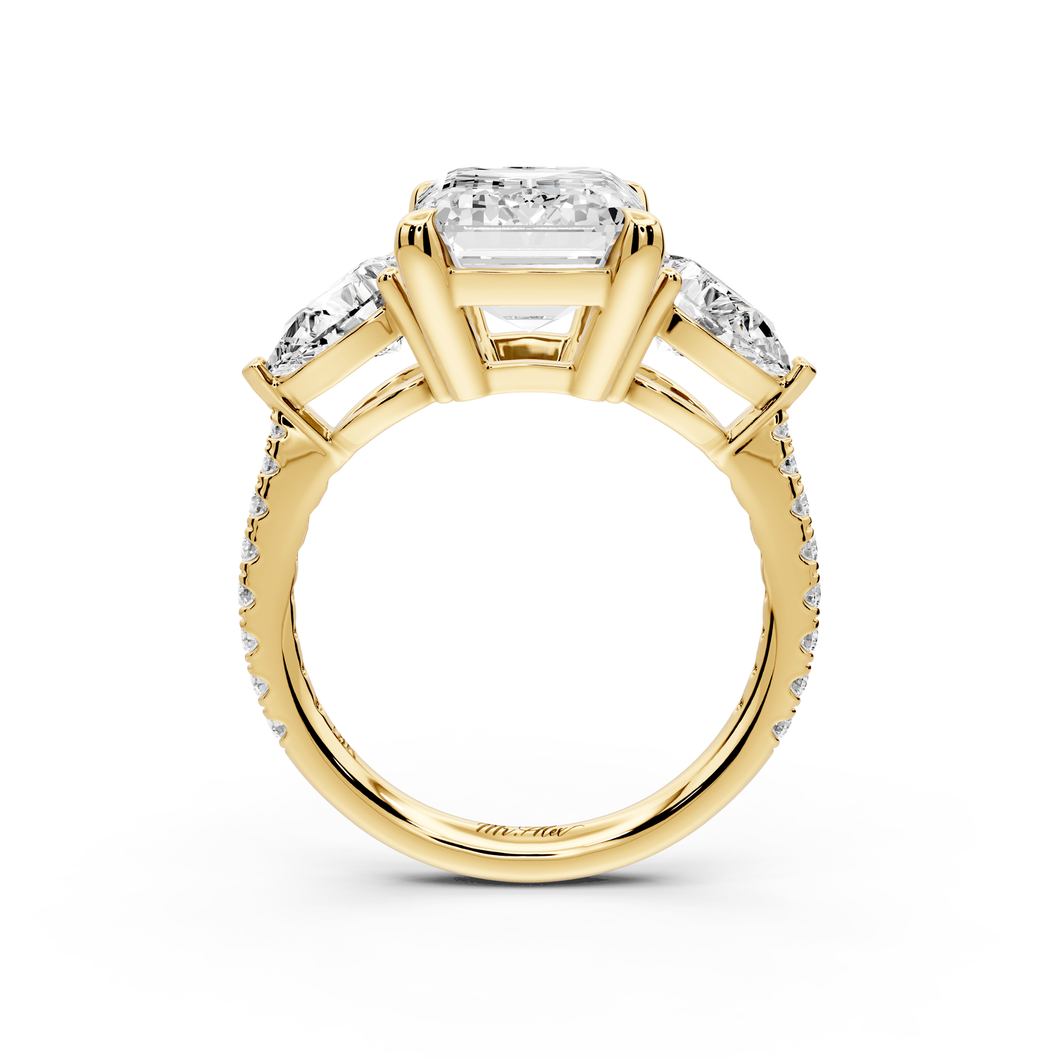 Alma - 4ct 18k yellow gold emerald center stone with two pear shaped diamonds and pavé. Three stone oval and pear Engagement ring with Pavé - Mr. Alex Jewelry