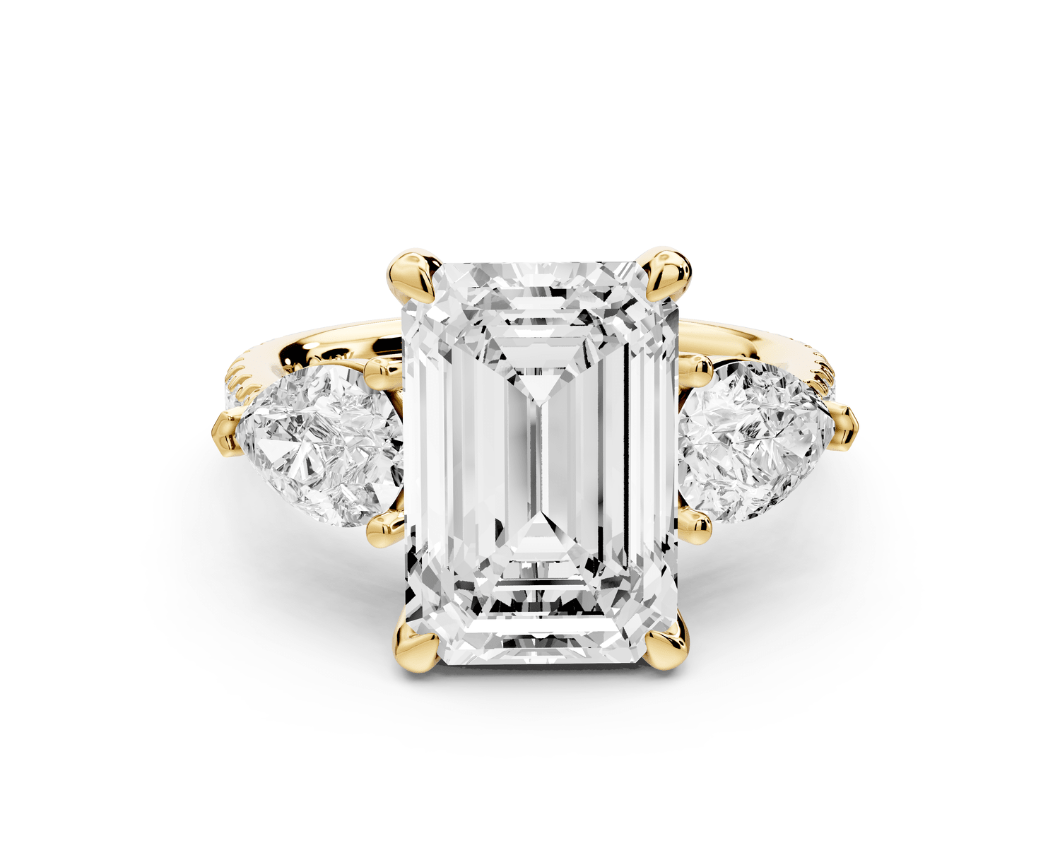 Alma - 4ct 18k yellow gold emerald center stone with two pear shaped diamonds and pavé. Three stone oval and pear Engagement ring with Pavé - Mr. Alex Jewelry