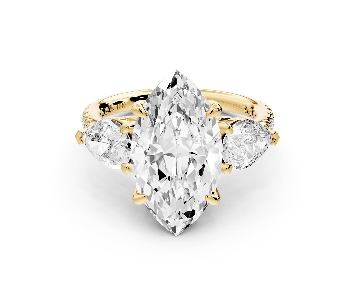Alma - 4ct 18k yellow gold marquise center stone with two pear shaped diamonds and pavé. Three stone oval and pear engagement ring with Pavé - Mr. Alex Jewelry