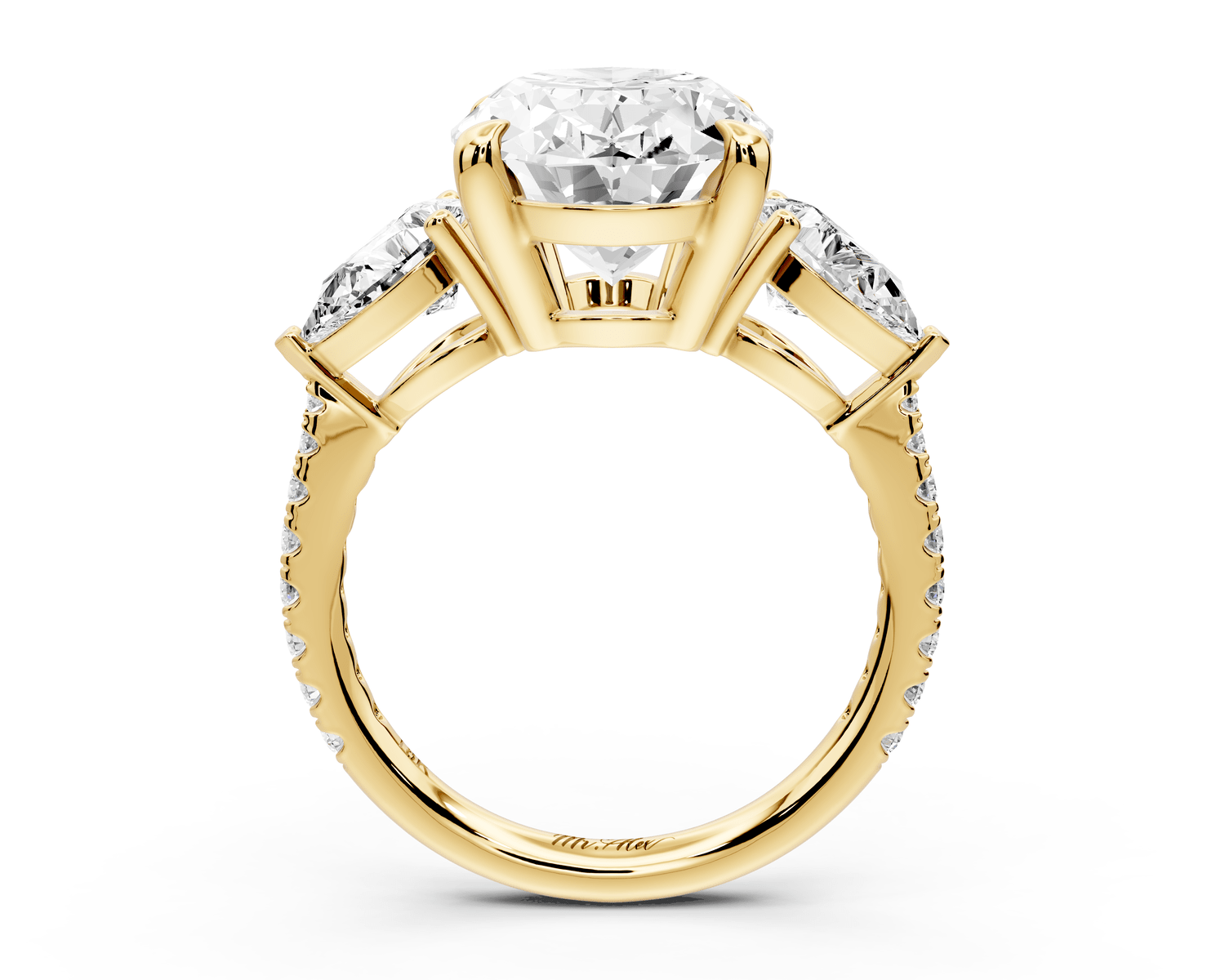 Alma - 4ct 18k yellow gold oval center stone with two pear shaped diamonds and pavé. Three stone oval and pear Engagement ring with Pavé - Mr. Alex Jewelry