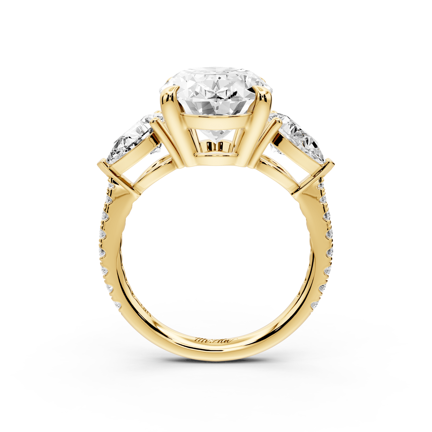 Alma - 4ct 18k yellow gold oval center stone with two pear shaped diamonds and pavé. Three stone oval and pear Engagement ring with Pavé - Mr. Alex Jewelry