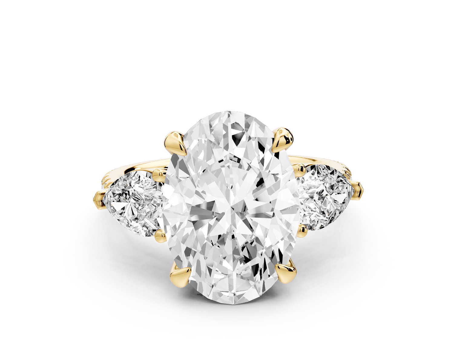 Alma - 4ct 18k yellow gold oval center stone with two pear shaped diamonds and pavé. Three stone oval and pear Engagement ring with Pavé - Mr. Alex Jewelry