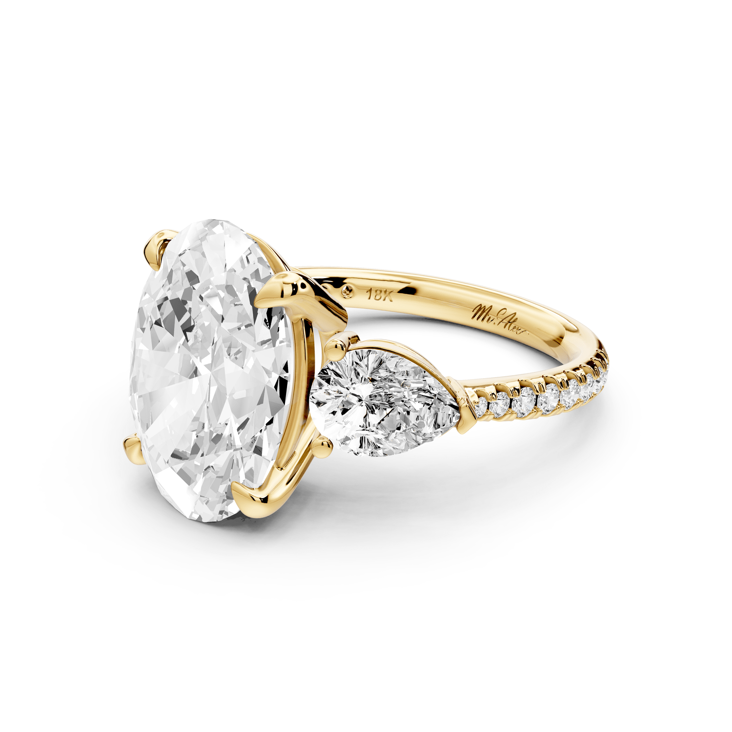 Alma - 4ct 18k yellow gold oval center stone with two pear shaped diamonds and pavé. Three stone oval and pear Engagement ring with Pavé - Mr. Alex Jewelry