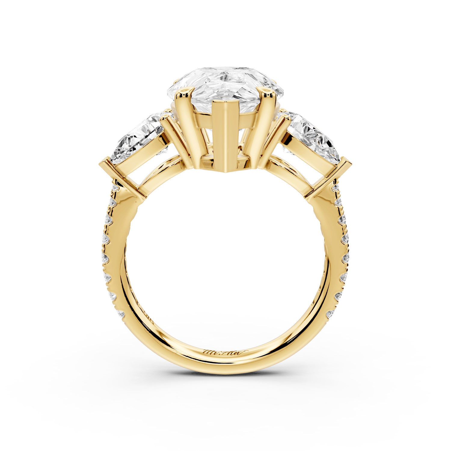 Alma - 4ct 18k yellow gold pear center stone with two pear shaped diamonds and pavé. Three stone oval and pear Engagement ring with Pavé - Mr. Alex Jewelry