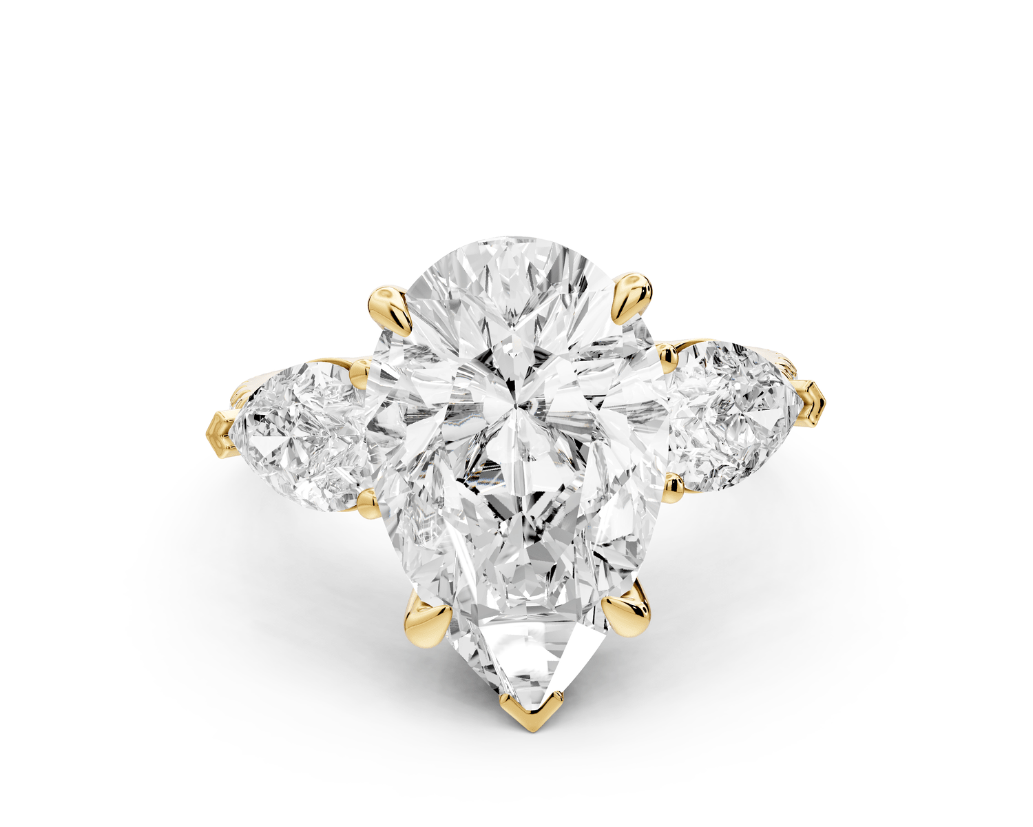 Alma - 4ct 18k yellow gold pear center stone with two pear shaped diamonds and pavé. Three stone oval and pear Engagement ring with Pavé - Mr. Alex Jewelry