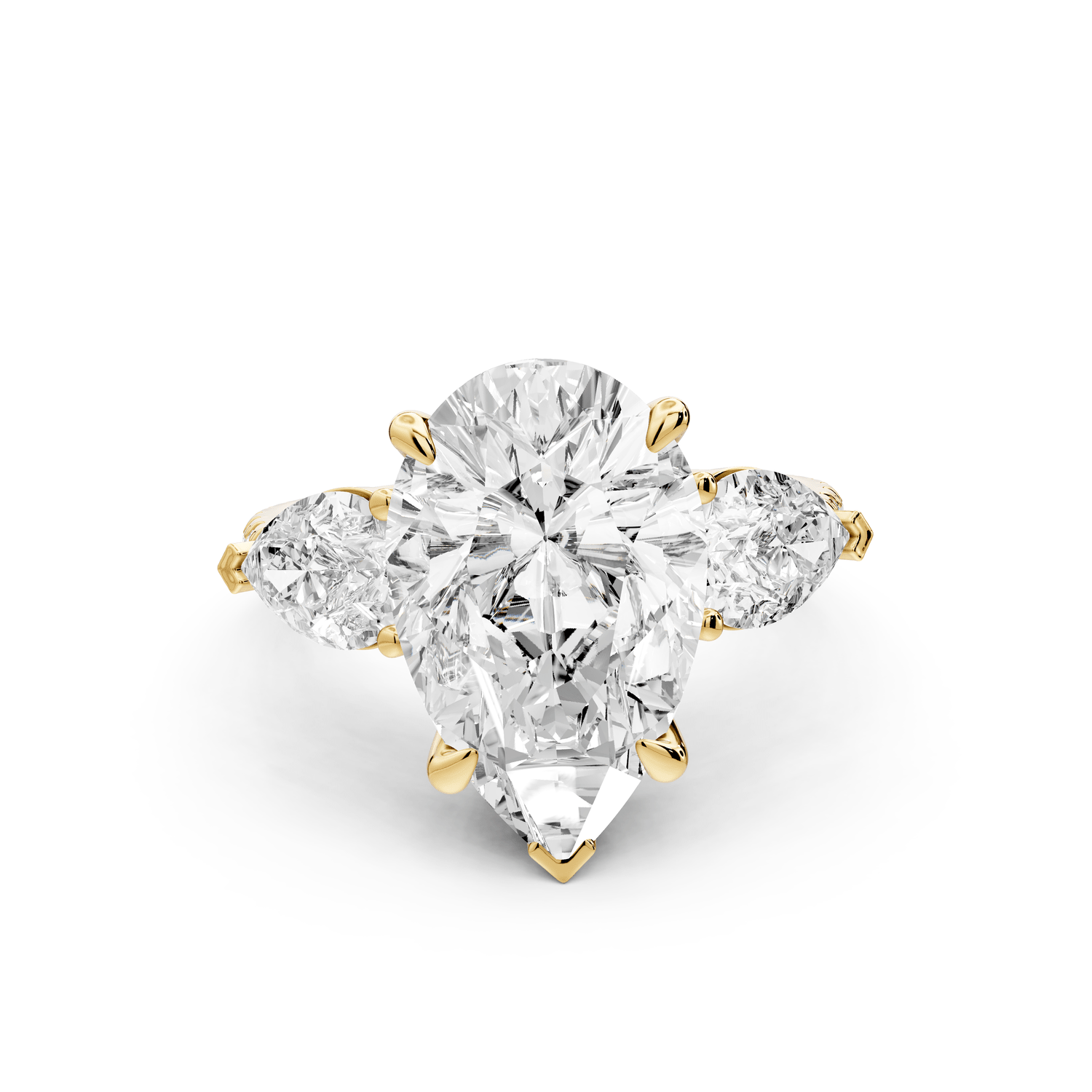 Alma - 4ct 18k yellow gold pear center stone with two pear shaped diamonds and pavé. Three stone oval and pear Engagement ring with Pavé - Mr. Alex Jewelry