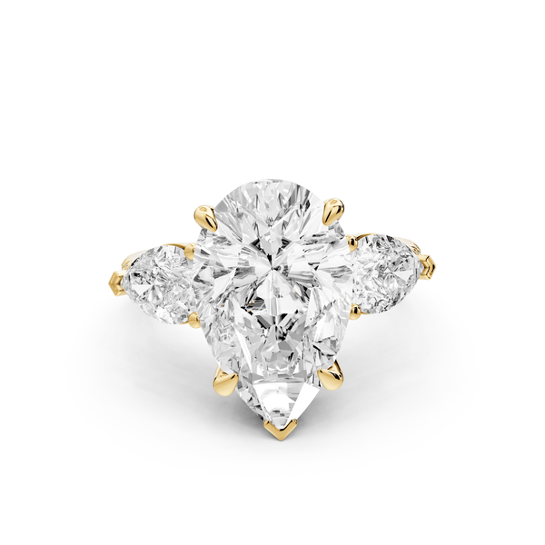 Alma - 4ct 18k yellow gold pear center stone with two pear shaped diamonds and pavé. Three stone oval and pear Engagement ring with Pavé - Mr. Alex Jewelry