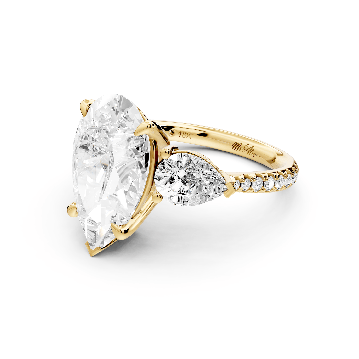 Alma - 4ct 18k yellow gold pear center stone with two pear shaped diamonds and pavé. Three stone oval and pear Engagement ring with Pavé - Mr. Alex Jewelry