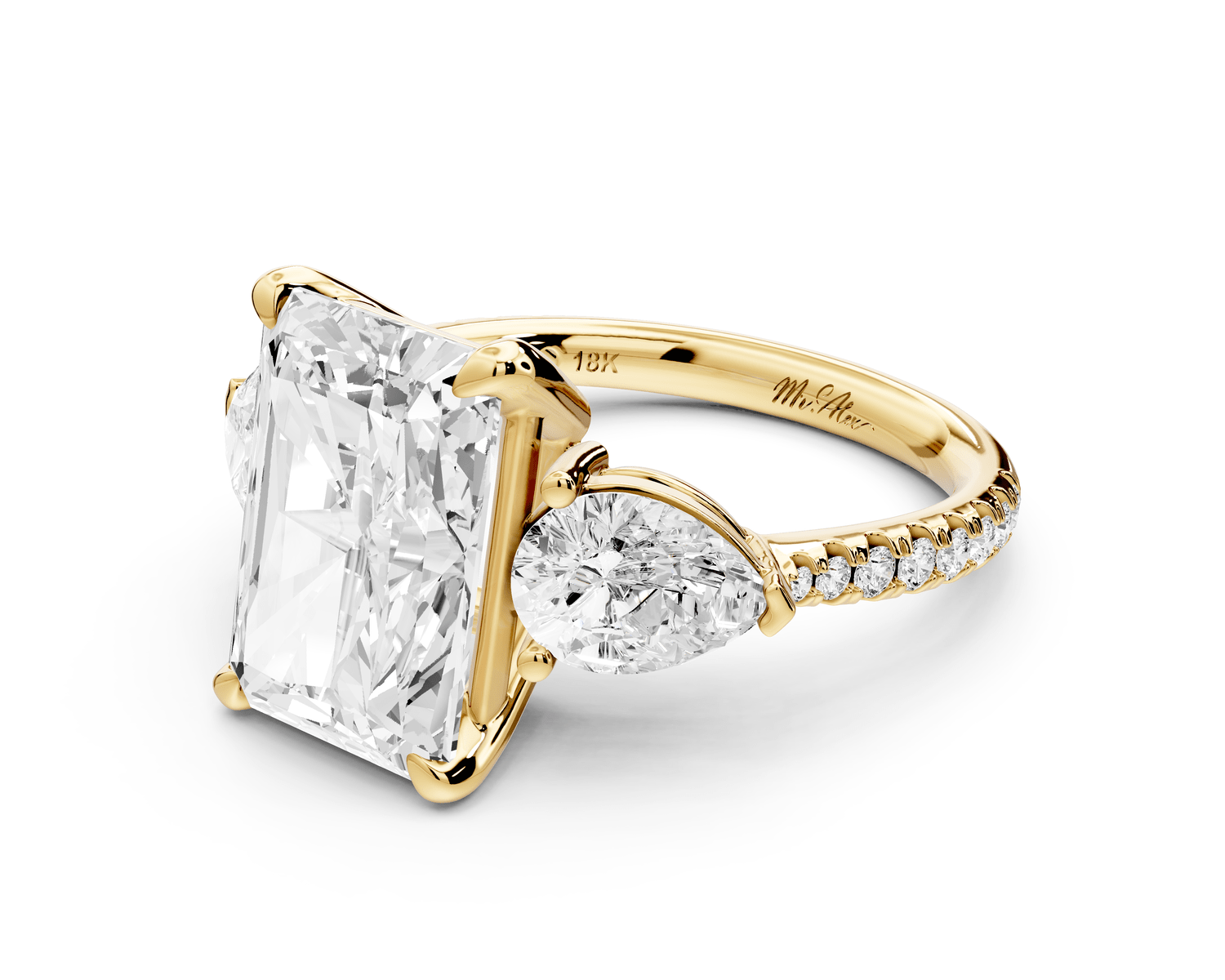 Alma - 4ct 18k yellow gold radiant center stone with two pear shaped diamonds and pavé. Three stone oval and pear engagement ring with Pavé - Mr. Alex Jewelry