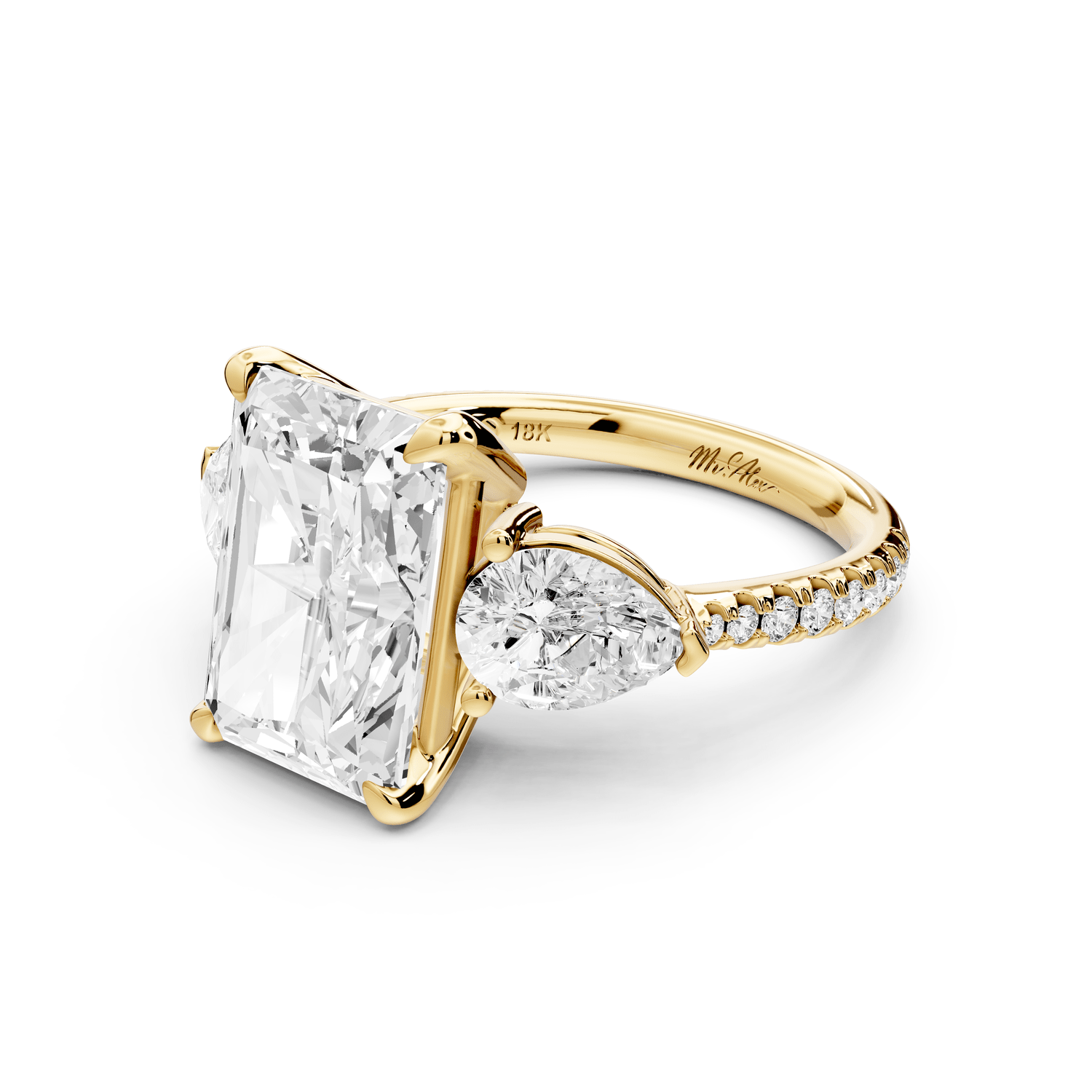 Alma - 4ct 18k yellow gold radiant center stone with two pear shaped diamonds and pavé. Three stone oval and pear engagement ring with Pavé - Mr. Alex Jewelry