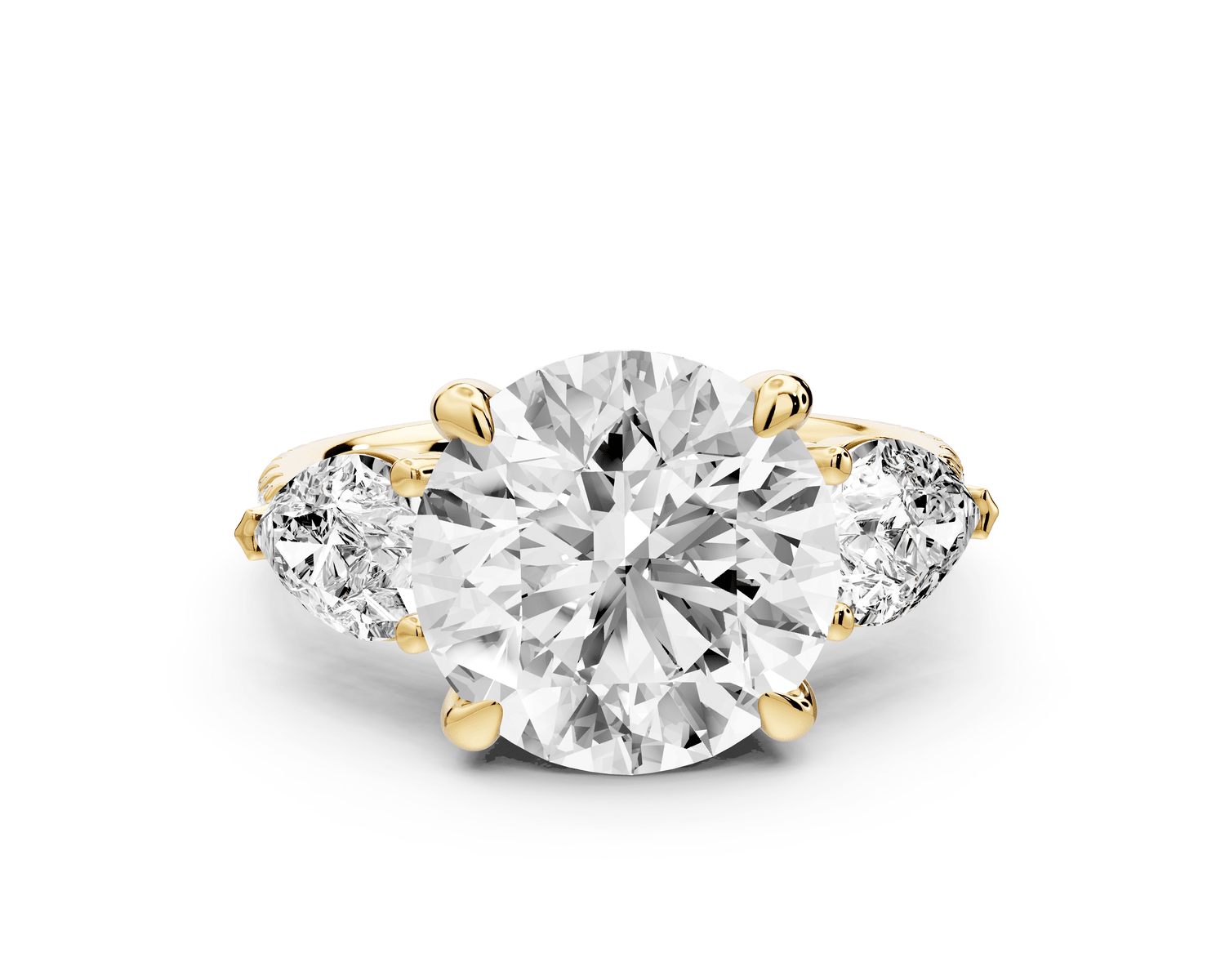Alma - 4ct 18k yellow gold round center stone with two pear shaped diamonds and pavé. Three stone oval and pear engagment ring with Pavé - Mr. Alex Jewelry