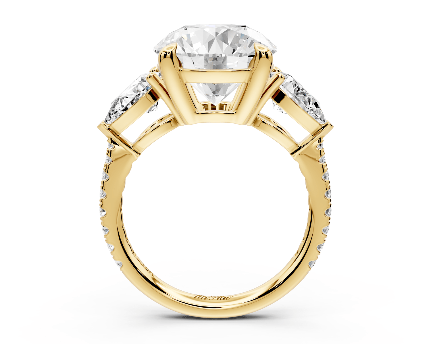 Alma - 4ct 18k yellow gold round center stone with two pear shaped diamonds and pavé. Three stone oval and pear engagment ring with Pavé - Mr. Alex Jewelry