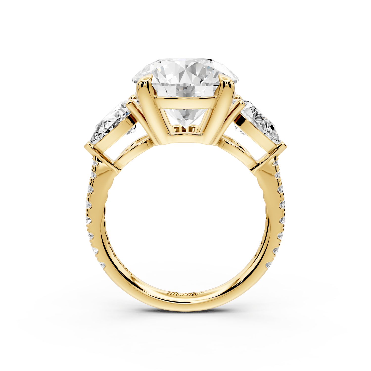 Alma - 4ct 18k yellow gold round center stone with two pear shaped diamonds and pavé. Three stone oval and pear engagment ring with Pavé - Mr. Alex Jewelry
