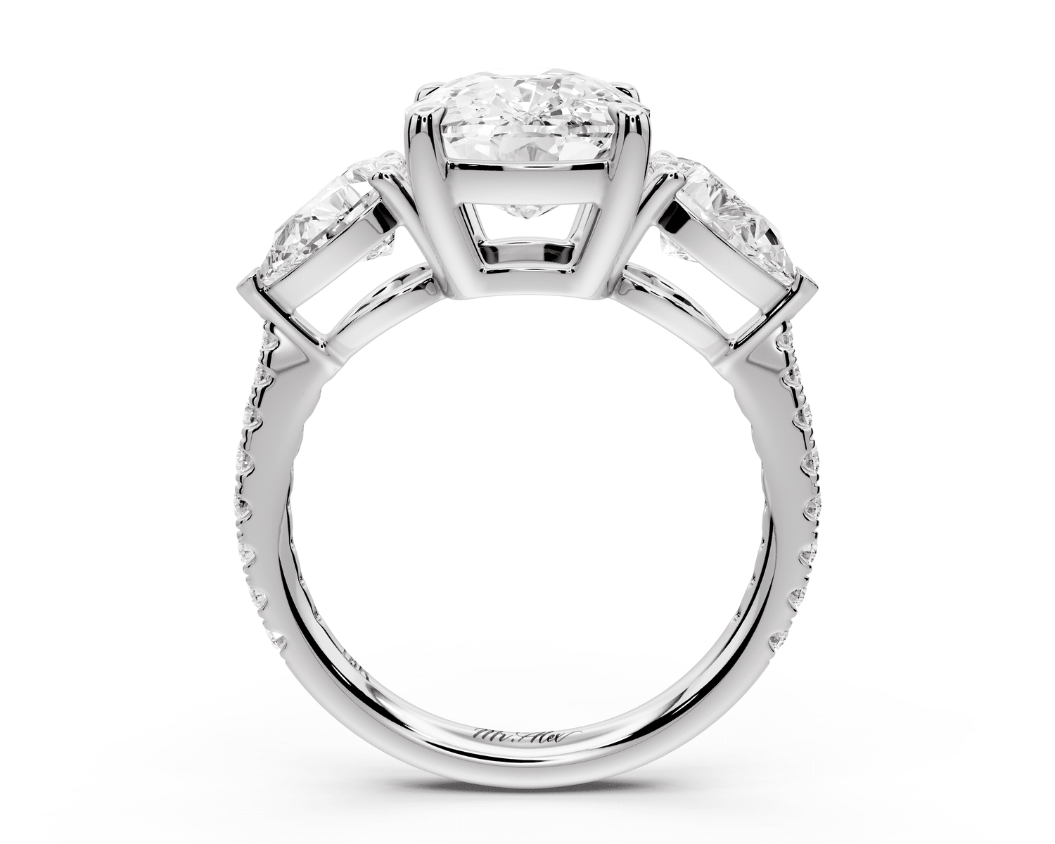 Alma - 4ct platinum ecushion center stone with two pear shaped diamonds and pavé. Three stone oval and pear engagement ring with Pavé - Mr. Alex Jewelry