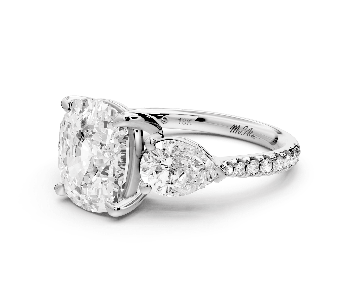 Alma - 4ct platinum ecushion center stone with two pear shaped diamonds and pavé. Three stone oval and pear engagement ring with Pavé - Mr. Alex Jewelry