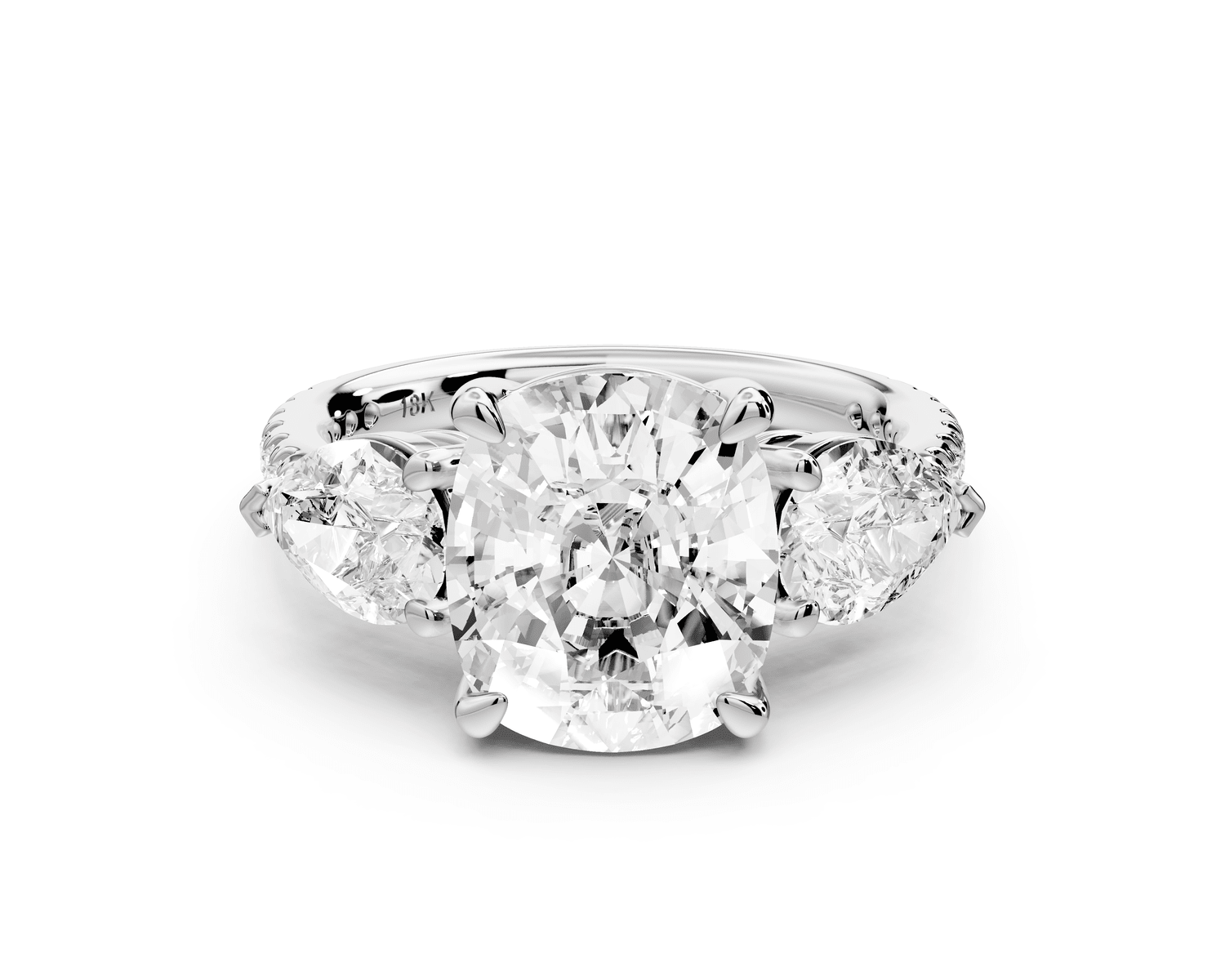 Alma - 4ct platinum ecushion center stone with two pear shaped diamonds and pavé. Three stone oval and pear engagement ring with Pavé - Mr. Alex Jewelry