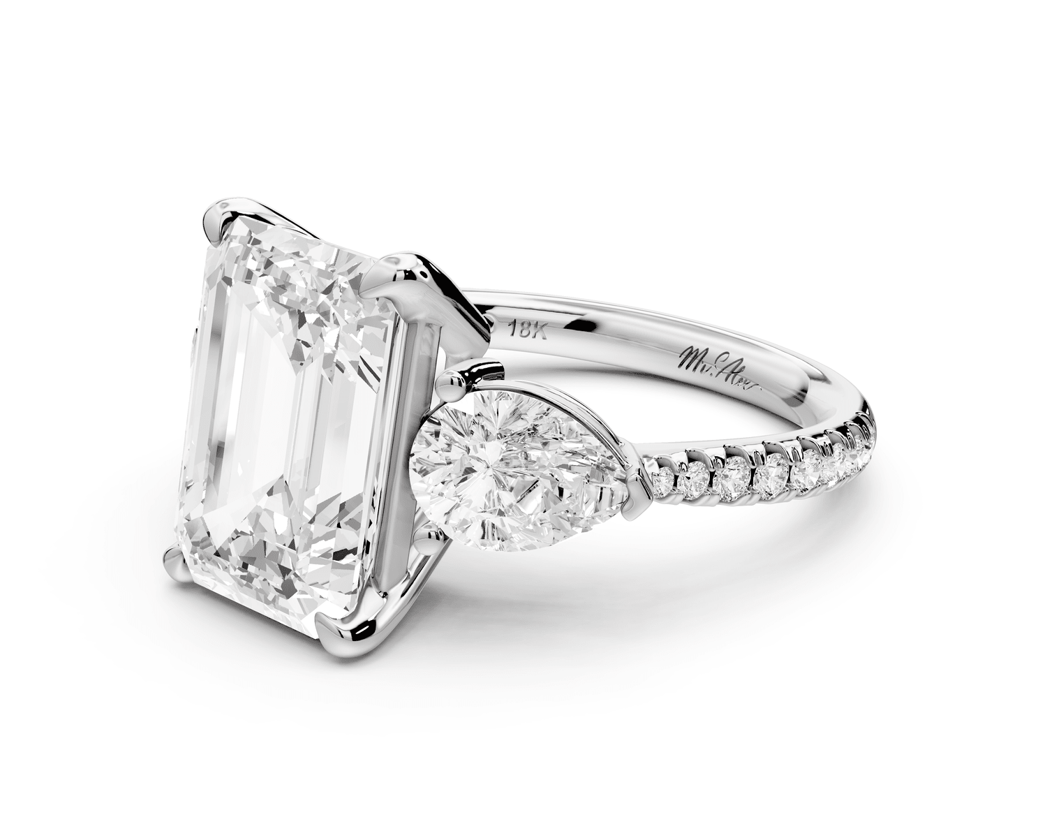 Alma - 4ct platinum emerald center stone with two pear shaped diamonds and pavé. Three stone oval and pear Engagement ring with Pavé - Mr. Alex Jewelry