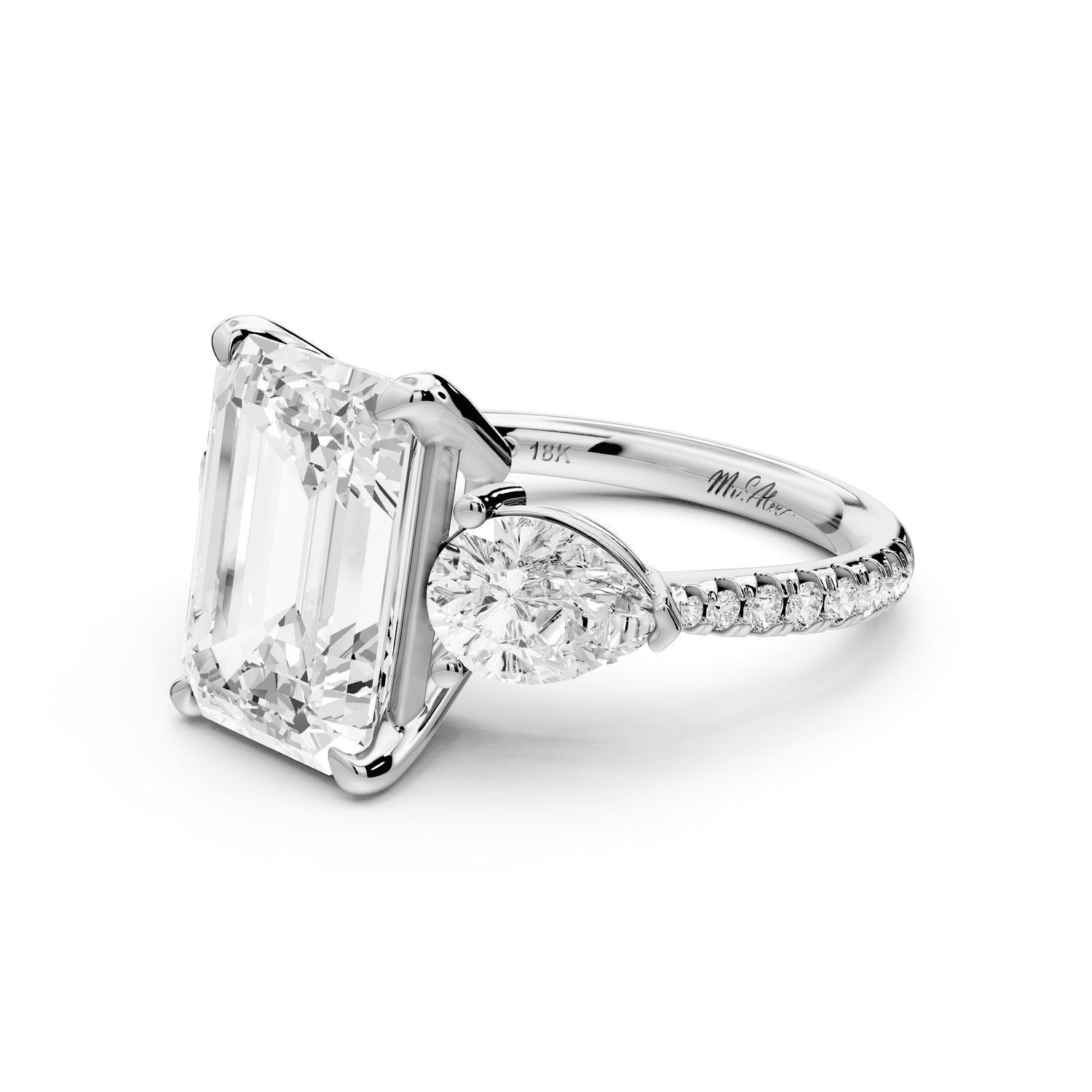 Alma - 4ct platinum emerald center stone with two pear shaped diamonds and pavé. Three stone oval and pear Engagement ring with Pavé - Mr. Alex Jewelry