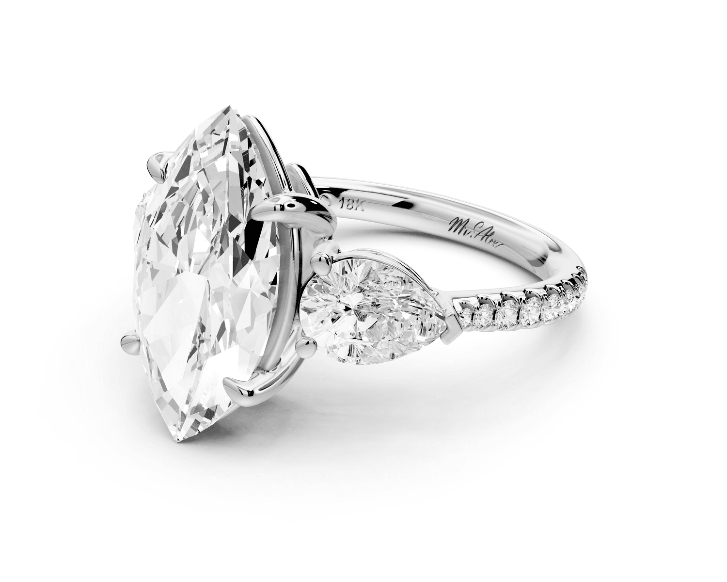 Alma - 4ct platinum marquise center stone with two pear shaped diamonds and pavé. Three stone oval and pear engagement ring with Pavé - Mr. Alex Jewelry