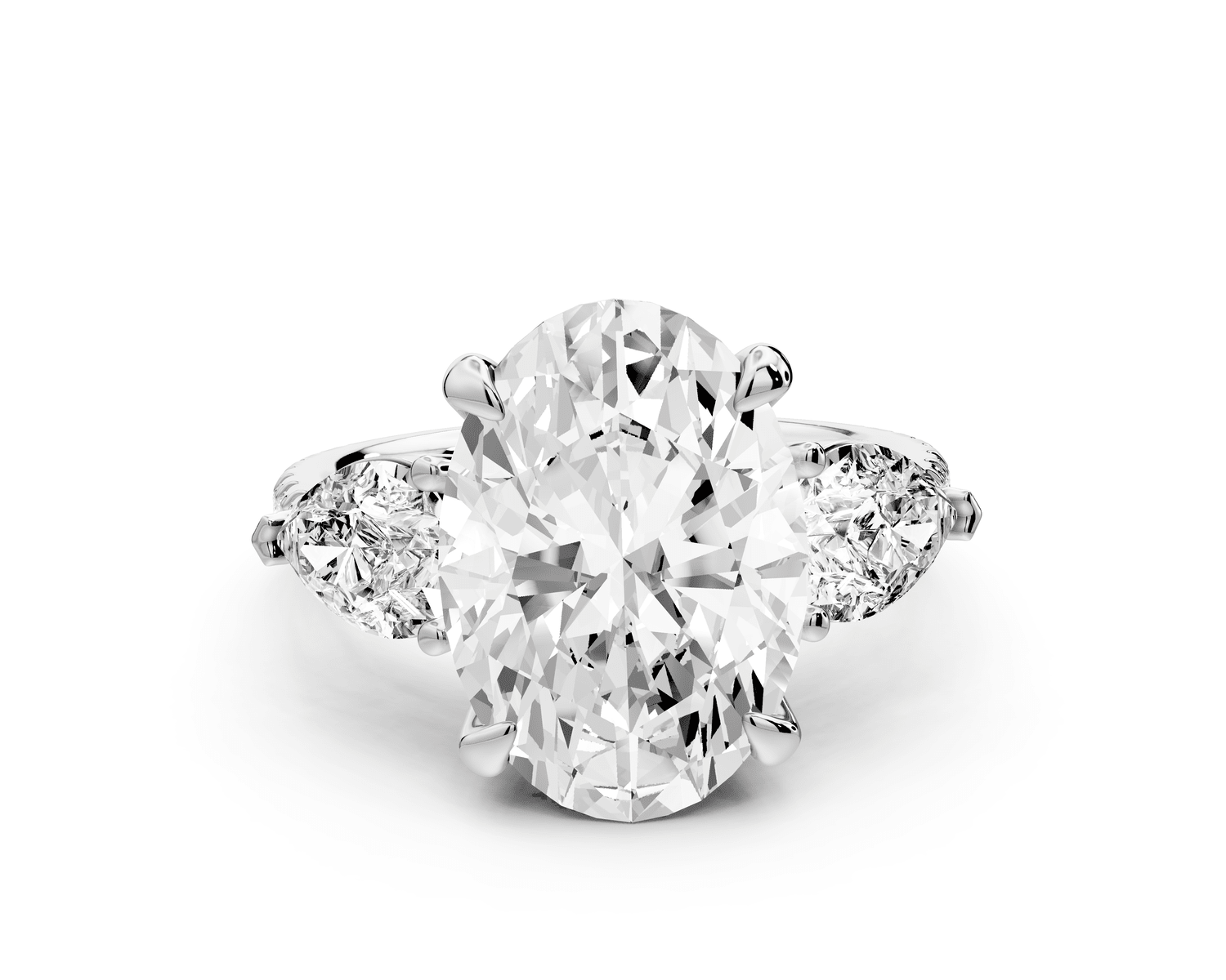 Alma - 4ct platinum oval center stone with two pear shaped diamonds and pavé. Three stone oval and pear Engagement ring with Pavé - Mr. Alex Jewelry