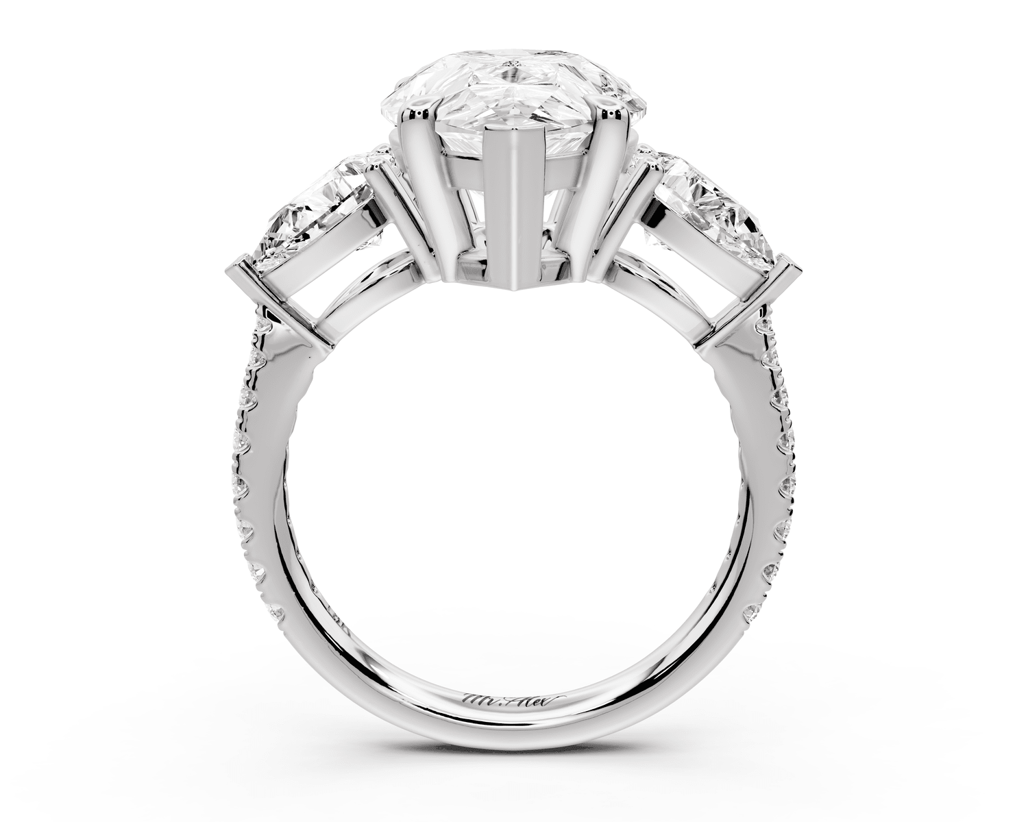 Alma - 4ct platinum pear center stone with two pear shaped diamonds and pavé. Three stone oval and pear Engagement ring with Pavé - Mr. Alex Jewelry