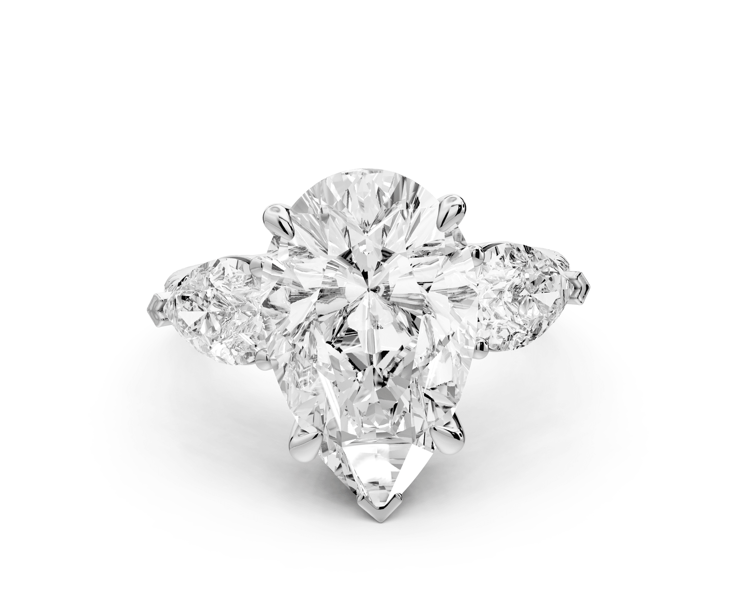Alma - 4ct platinum pear center stone with two pear shaped diamonds and pavé. Three stone oval and pear Engagement ring with Pavé - Mr. Alex Jewelry