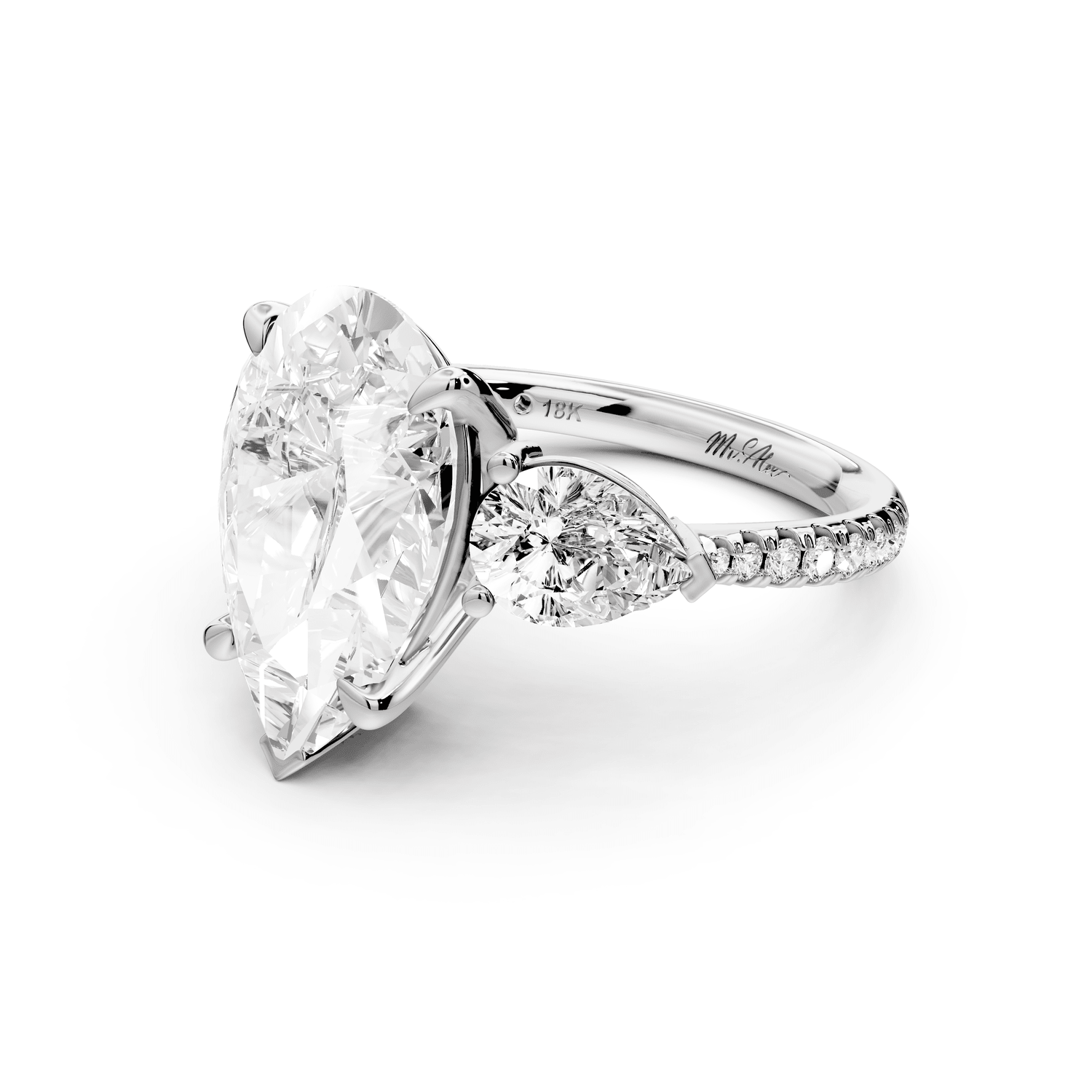 Alma - 4ct platinum pear center stone with two pear shaped diamonds and pavé. Three stone oval and pear Engagement ring with Pavé - Mr. Alex Jewelry