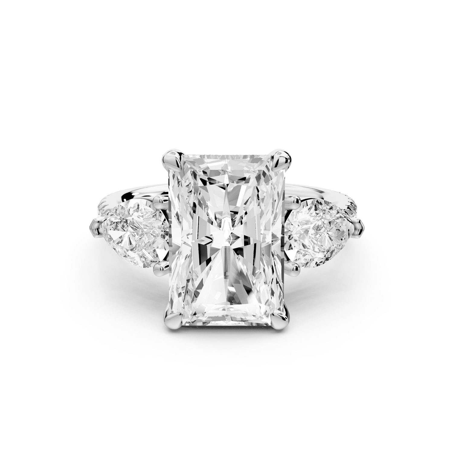 Alma - 4ct platinum radiant center stone with two pear shaped diamonds and pavé. Three stone oval and pear engagement ring with Pavé - Mr. Alex Jewelry