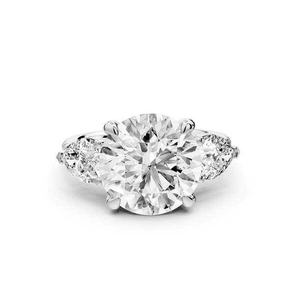 Alma - 4ct platinum round center stone with two pear shaped diamonds and pavé. Three stone oval and pear engagment ring with Pavé - Mr. Alex Jewelry