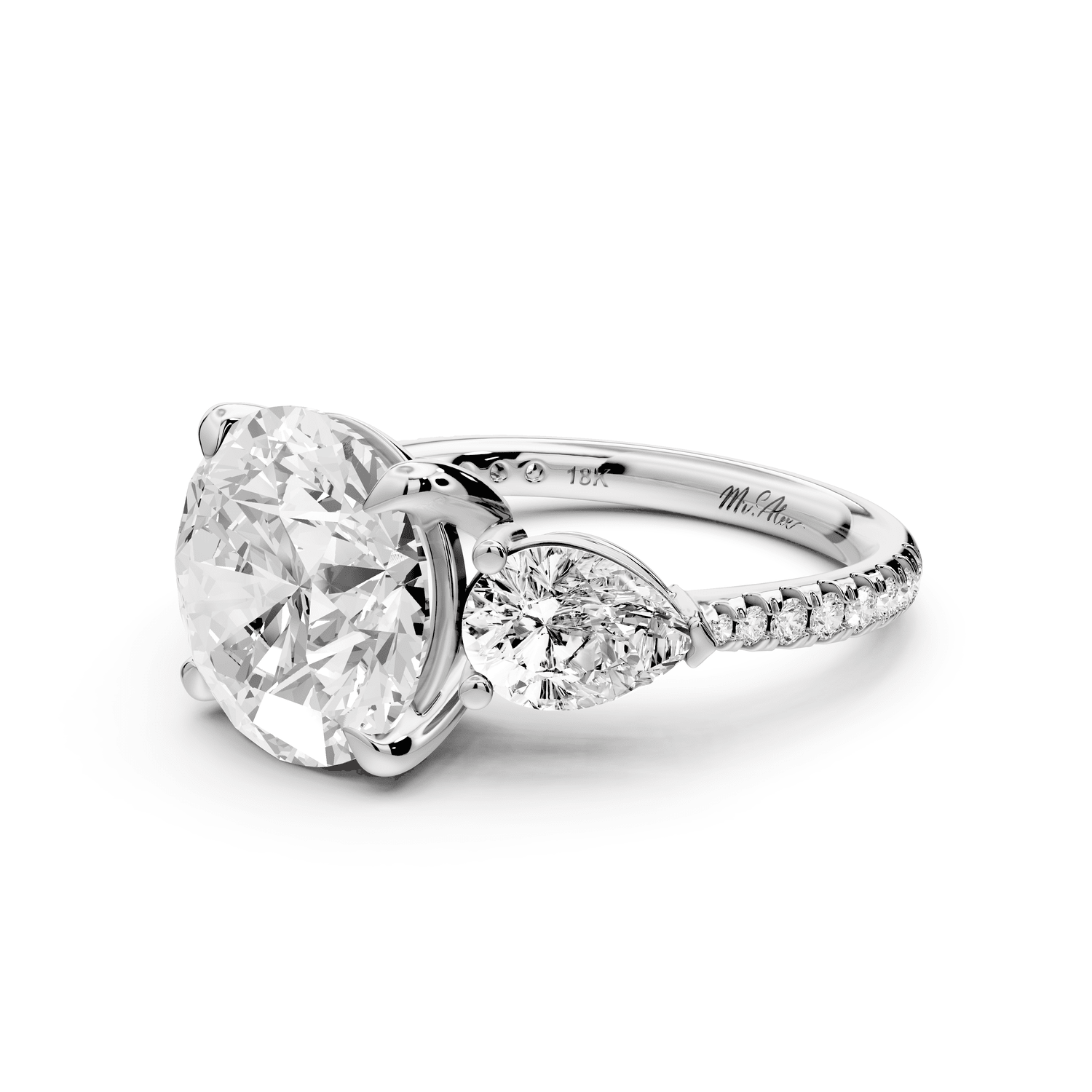Alma - 4ct platinum round center stone with two pear shaped diamonds and pavé. Three stone oval and pear engagment ring with Pavé - Mr. Alex Jewelry