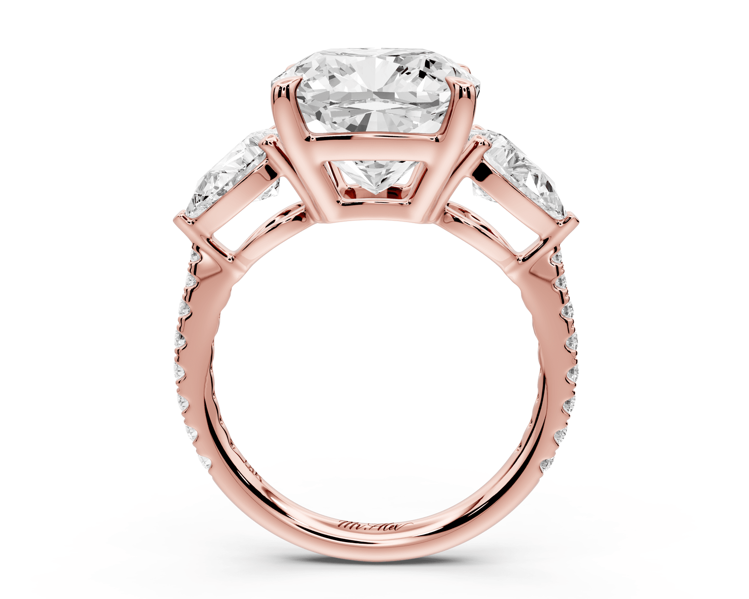 Alma - 5ct 14k rose gold cushion center stone with two pear shaped diamonds and pavé. Three stone oval and pear engagement ring with Pavé - Mr. Alex Jewelry