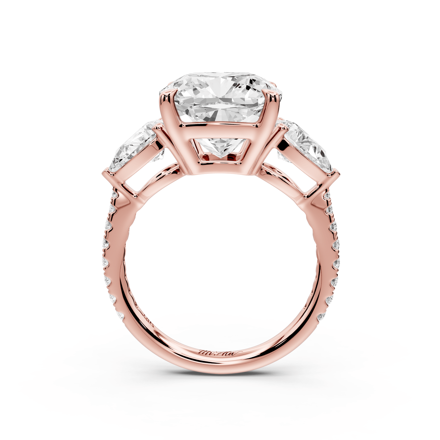 Alma - 5ct 14k rose gold cushion center stone with two pear shaped diamonds and pavé. Three stone oval and pear engagement ring with Pavé - Mr. Alex Jewelry