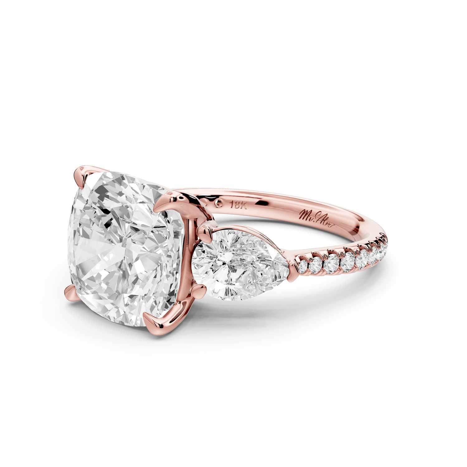 Alma - 5ct 14k rose gold cushion center stone with two pear shaped diamonds and pavé. Three stone oval and pear engagement ring with Pavé - Mr. Alex Jewelry