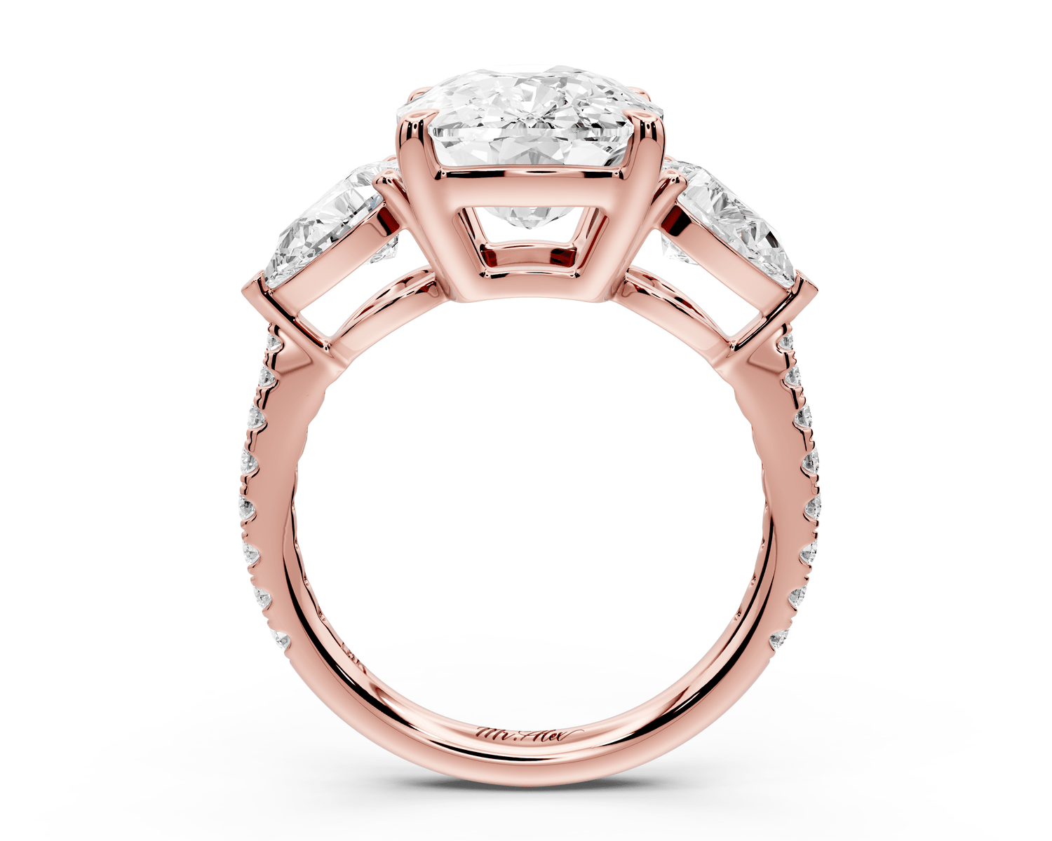 Alma - 5ct 14k rose gold ecushion center stone with two pear shaped diamonds and pavé. Three stone oval and pear engagement ring with Pavé - Mr. Alex Jewelry