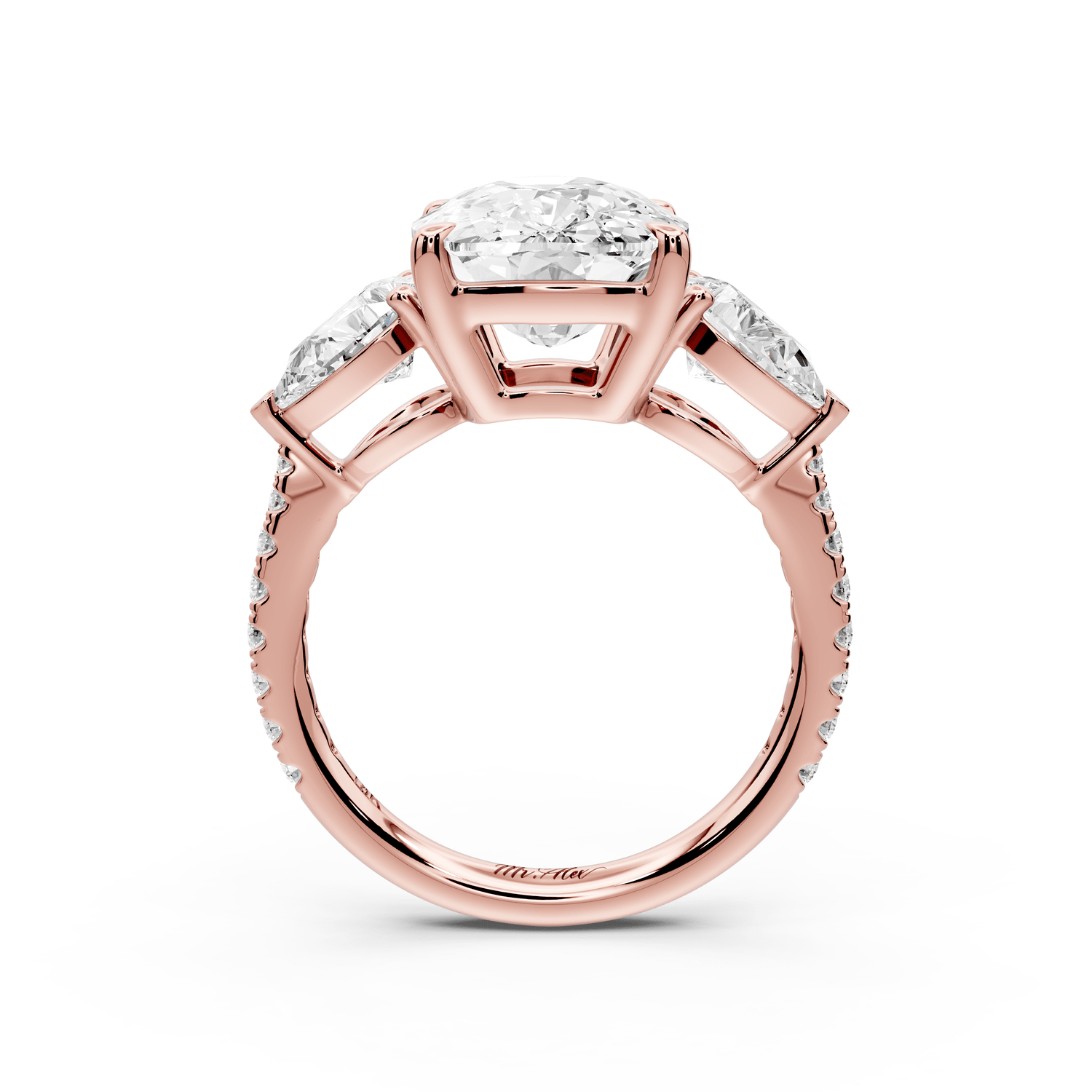 Alma - 5ct 14k rose gold ecushion center stone with two pear shaped diamonds and pavé. Three stone oval and pear engagement ring with Pavé - Mr. Alex Jewelry